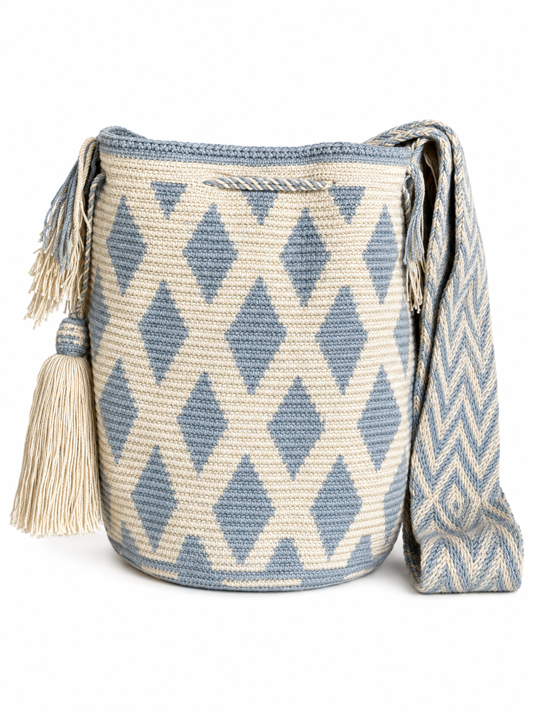 Handmade Wayuu Crossbody Bag – Black & Neutral Geometric Patterns, Artisan Crochet Bucket Bag