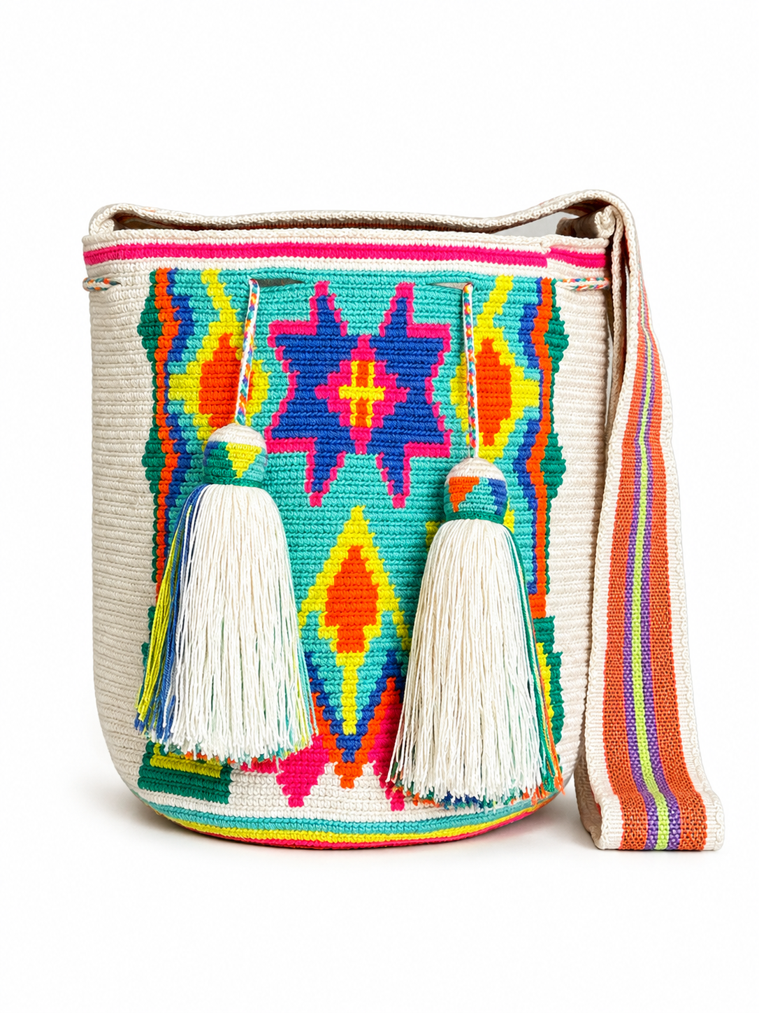 Handmade Wayuu Crossbody Bag – Geometric Crochet Bucket Bag, Colombian Artisan Shoulder Purse
