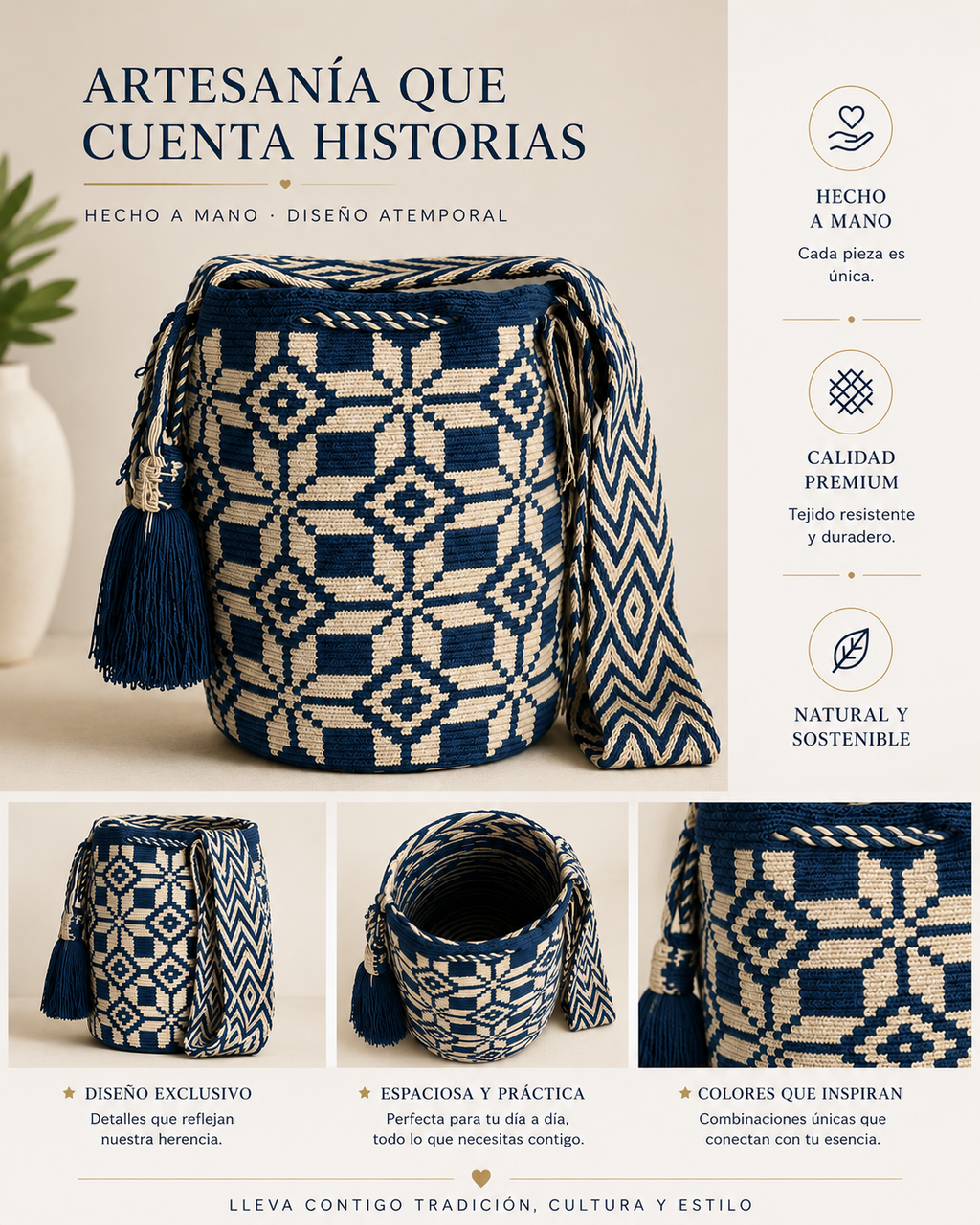Handmade Wayuu Crossbody Bag – Black & Neutral Geometric Patterns, Artisan Crochet Bucket Bag