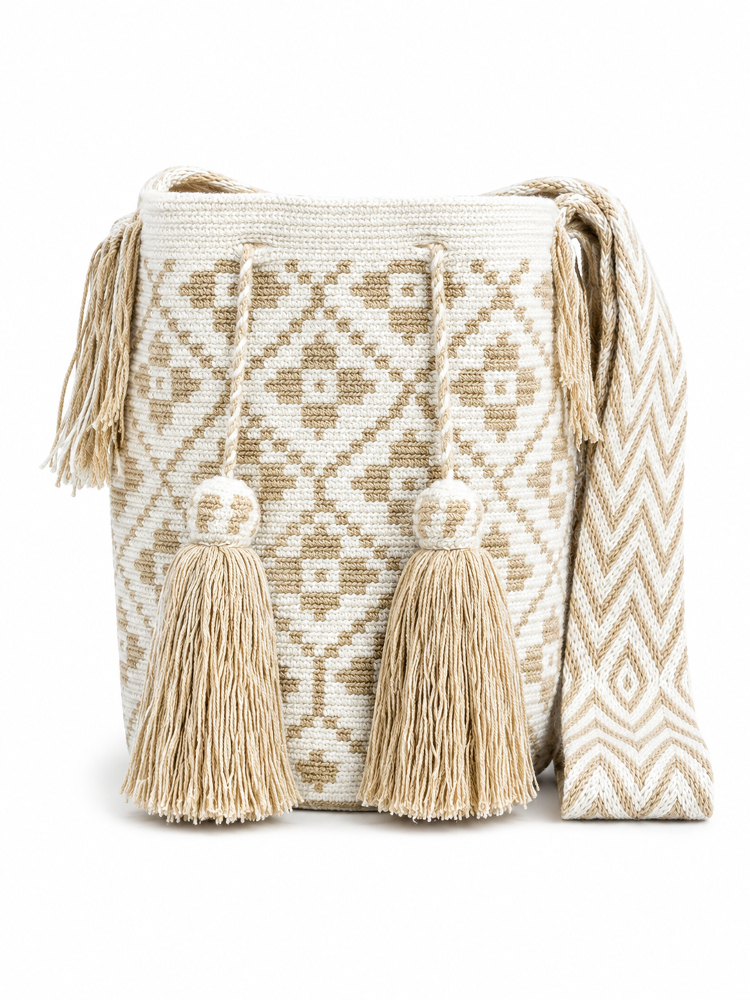 Handmade Wayuu Crossbody Bag – Black & Neutral Geometric Patterns, Artisan Crochet Bucket Bag