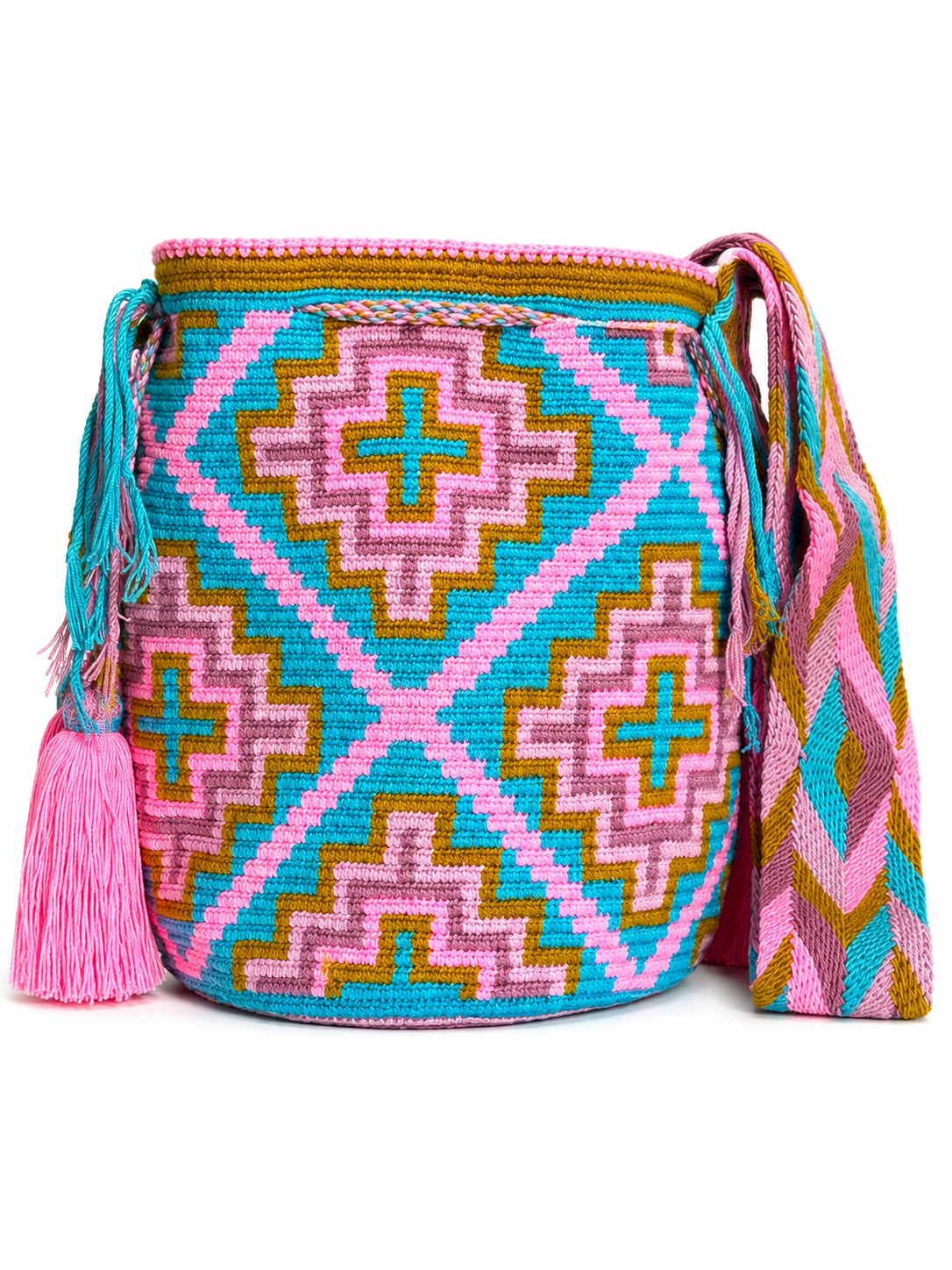 Handmade Wayuu Crossbody Bag – Geometric Crochet Bucket Bag, Colombian Artisan Shoulder Purse