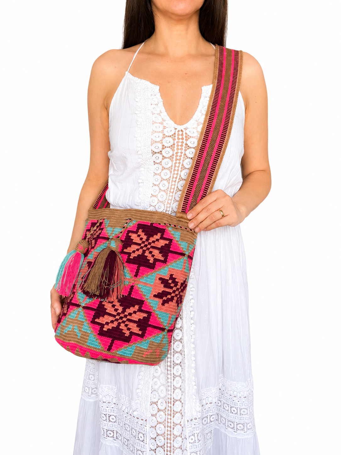 Handmade Wayuu Crossbody Bag – Geometric Crochet Bucket Bag, Colombian Artisan Shoulder Purse