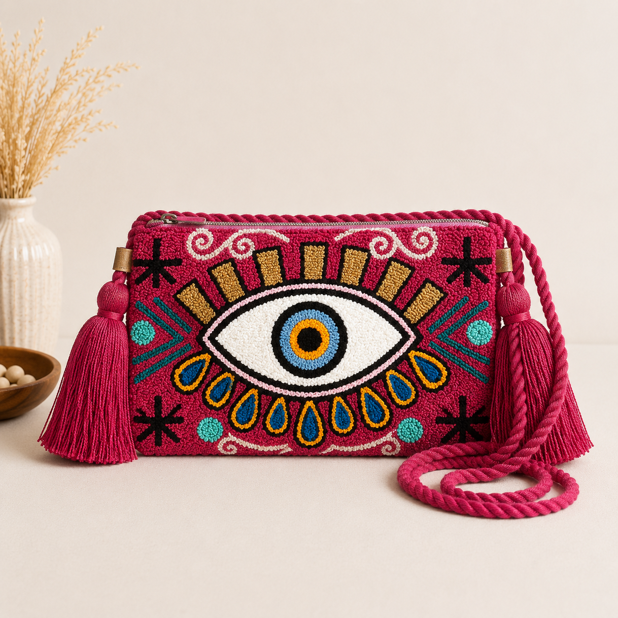 Handmade Turkish Eye Punch Needle Crossbody Bag – Evil Eye Artisan Clutch Purse