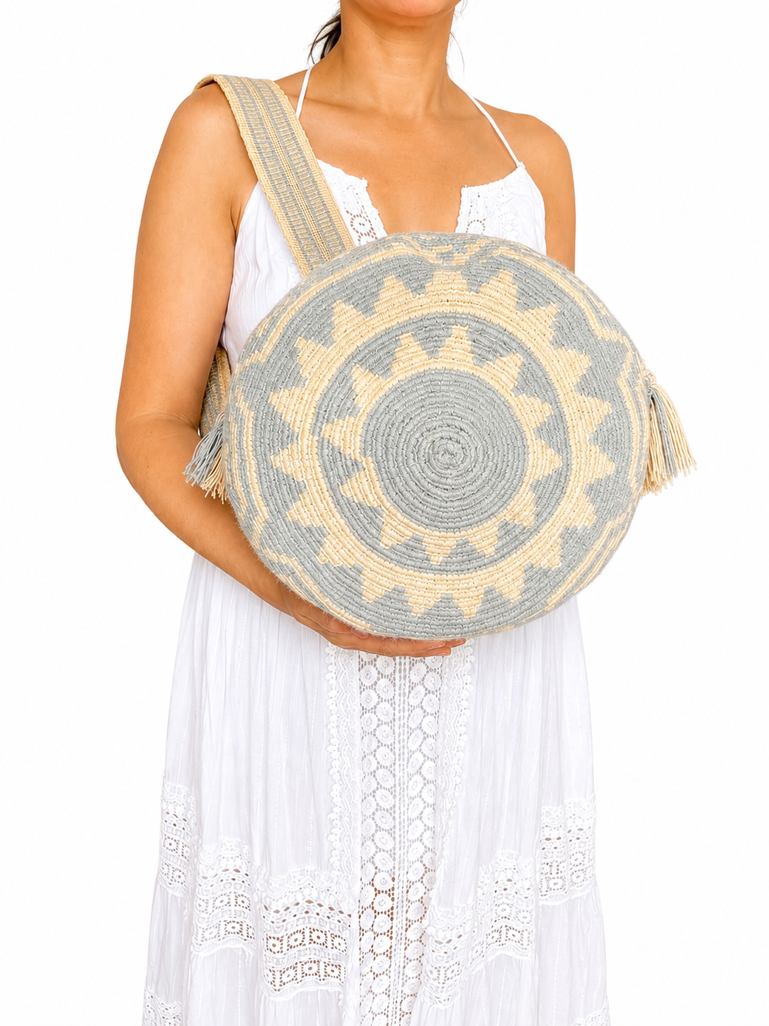 Handmade Wayuu Crossbody Bag – Black & Neutral Geometric Patterns, Artisan Crochet Bucket Bag