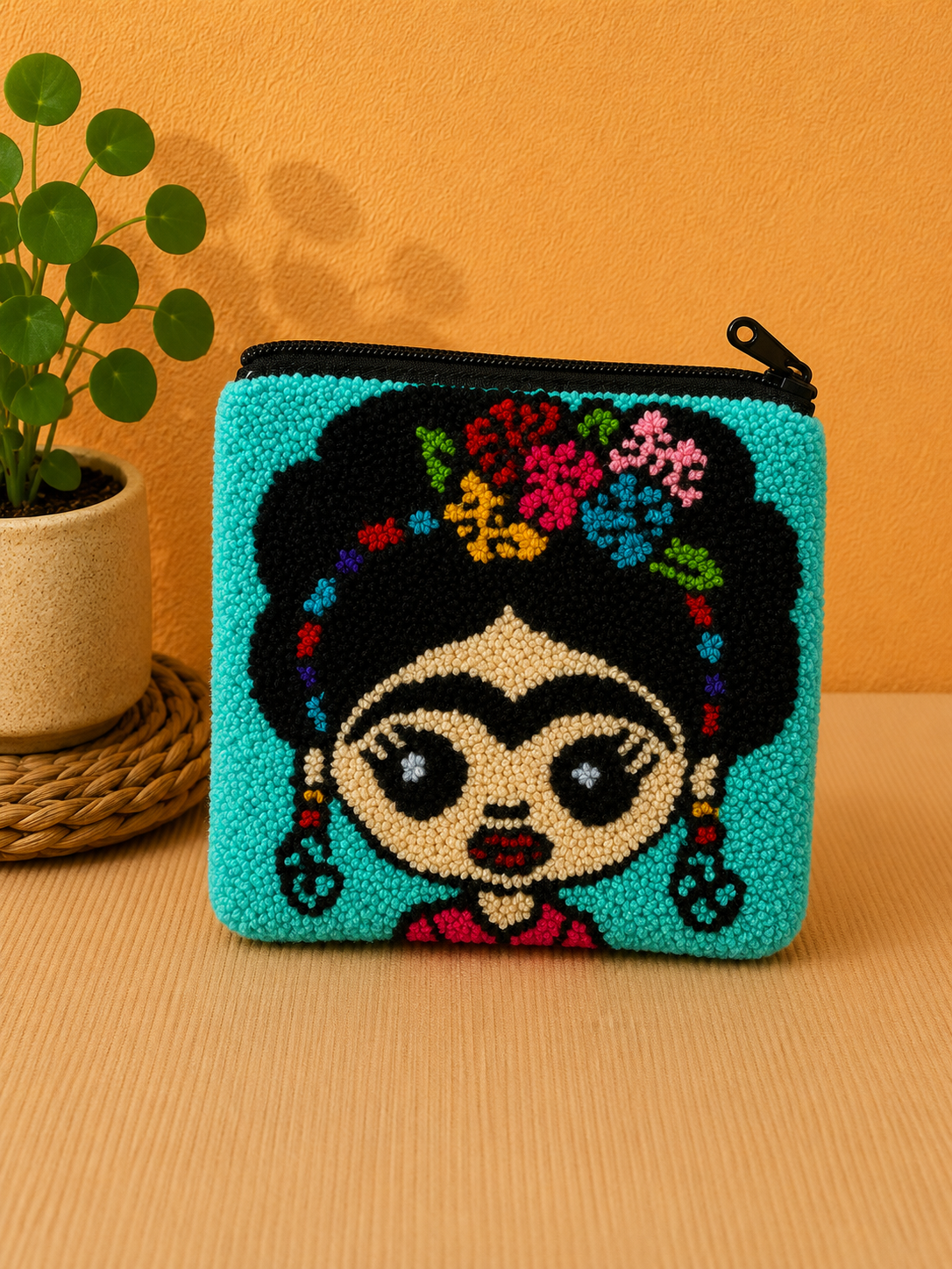 Handmade “Playful Portraits” Punch Needle Coin Purse – Artisan Character Zipper Pouch, Colorful Tufted Cosmetic Bag