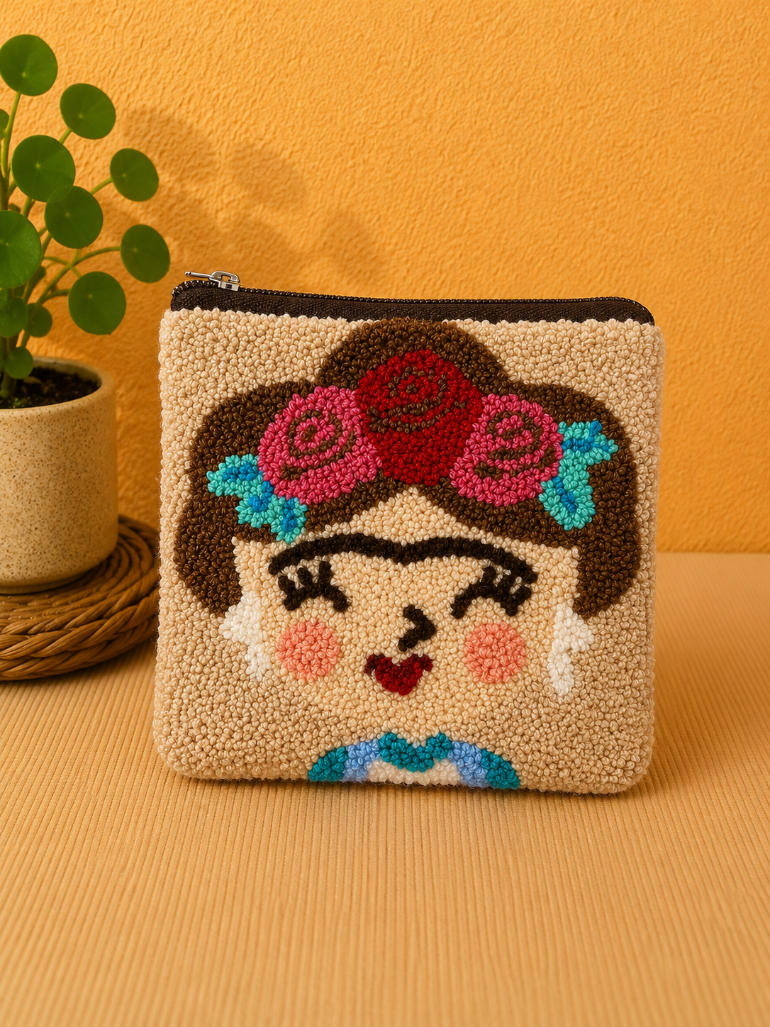 Handmade “Playful Portraits” Punch Needle Coin Purse – Artisan Character Zipper Pouch, Colorful Tufted Cosmetic Bag