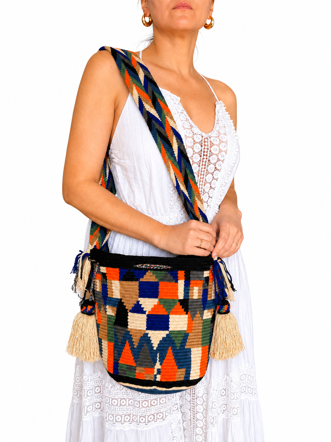 Handmade Wayuu Crossbody Bag – Geometric Crochet Bucket Bag, Colombian Artisan Shoulder Purse