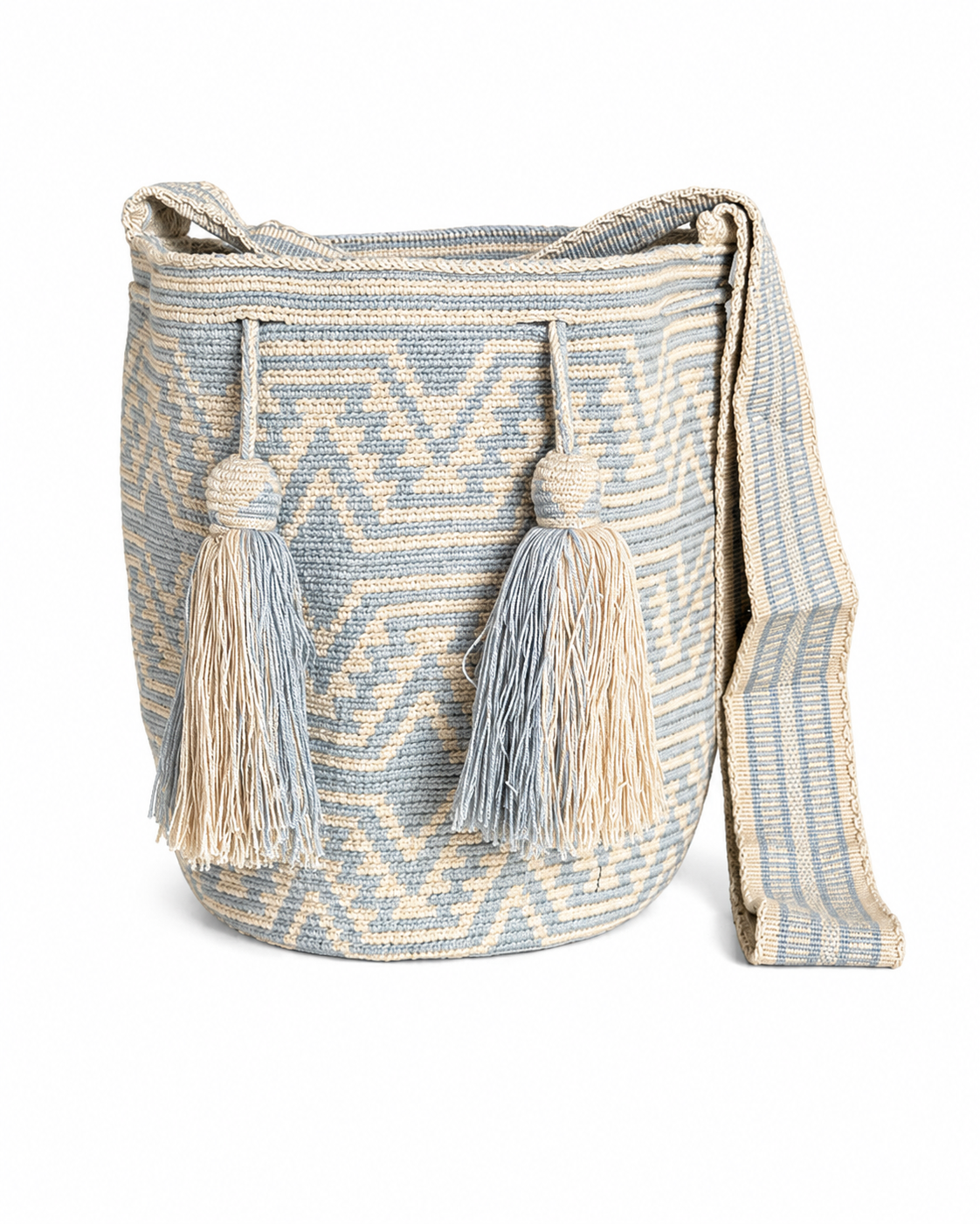 Handmade Wayuu Crossbody Bag – Black & Neutral Geometric Patterns, Artisan Crochet Bucket Bag