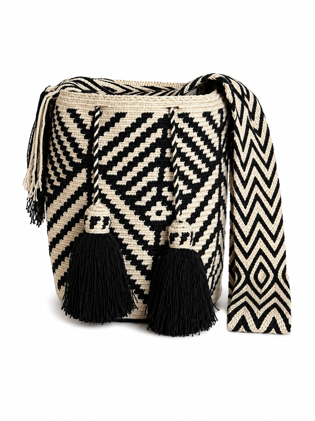 Handmade Wayuu Crossbody Bag – Black & Neutral Geometric Patterns, Artisan Crochet Bucket Bag