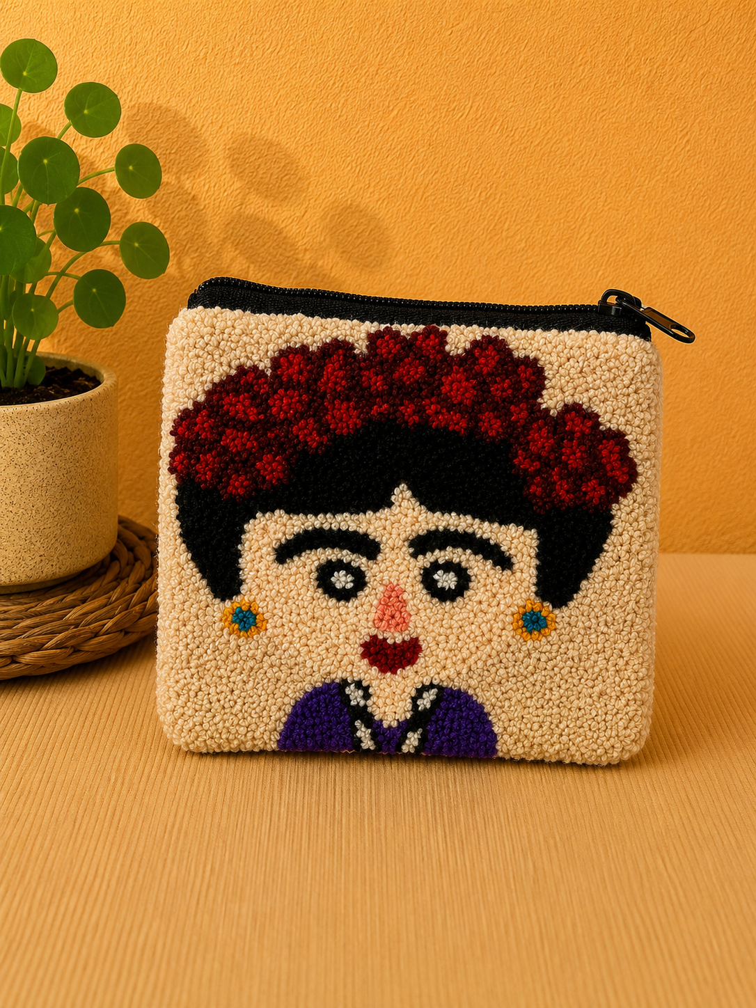Handmade “Playful Portraits” Punch Needle Coin Purse – Artisan Character Zipper Pouch, Colorful Tufted Cosmetic Bag
