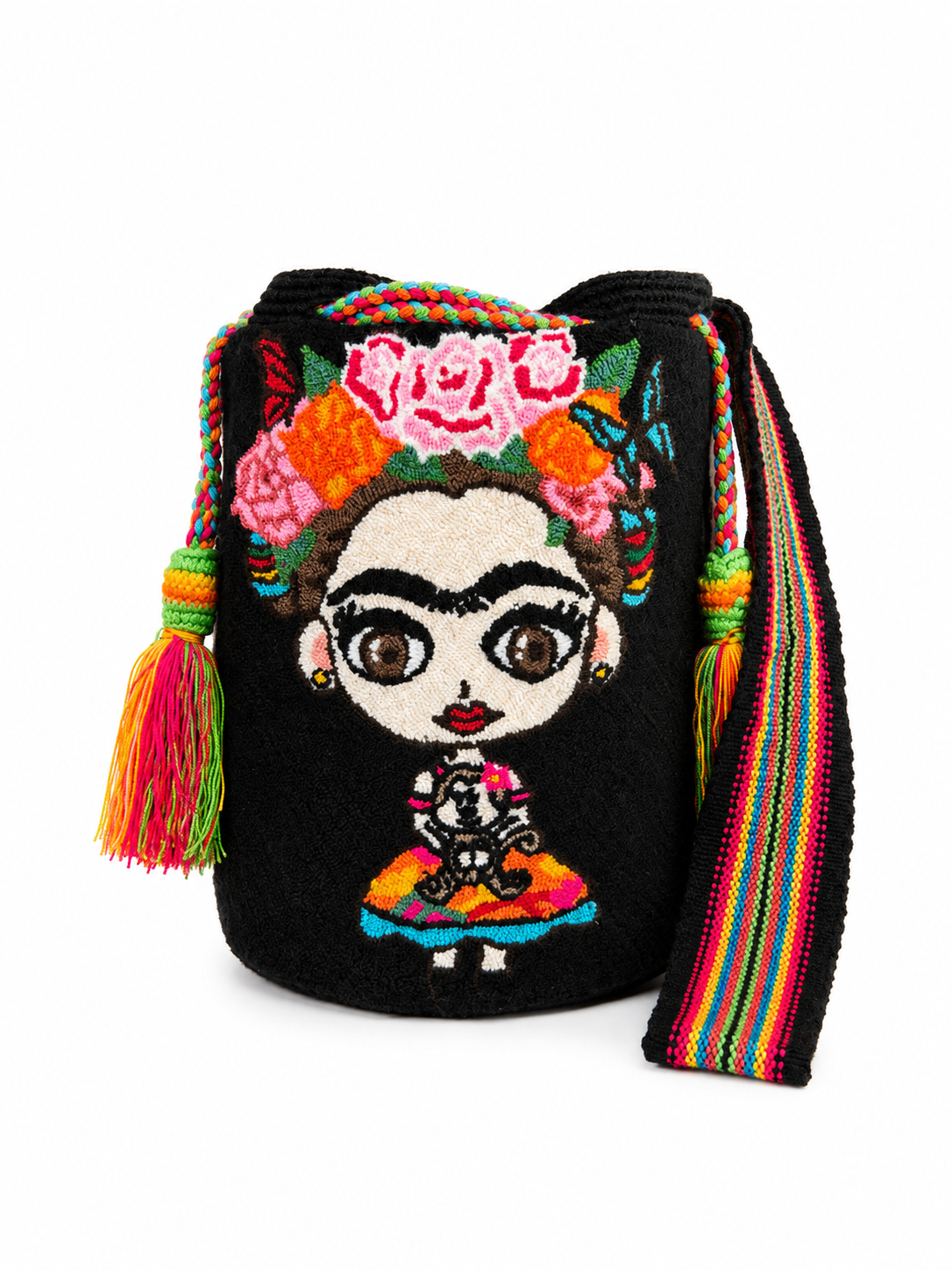 Mini Frida-Inspired Wayuu Mochila – Handmade Colombian Artisan Bucket Bag