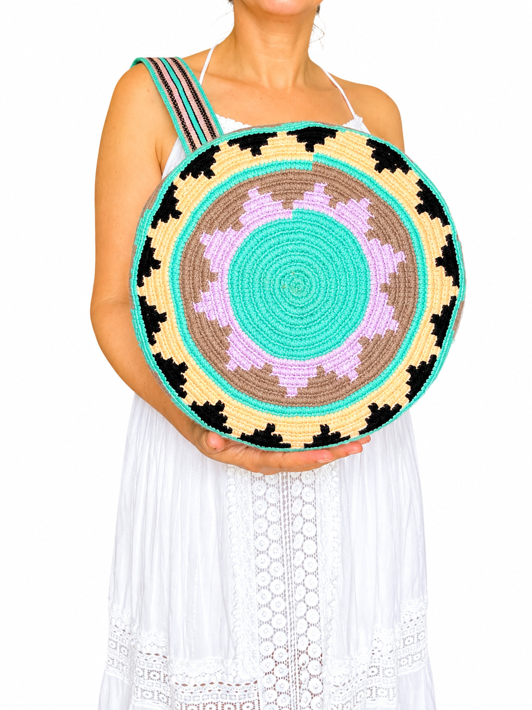 Handmade Wayuu Crossbody Bag – Geometric Crochet Bucket Bag, Colombian Artisan Shoulder Purse