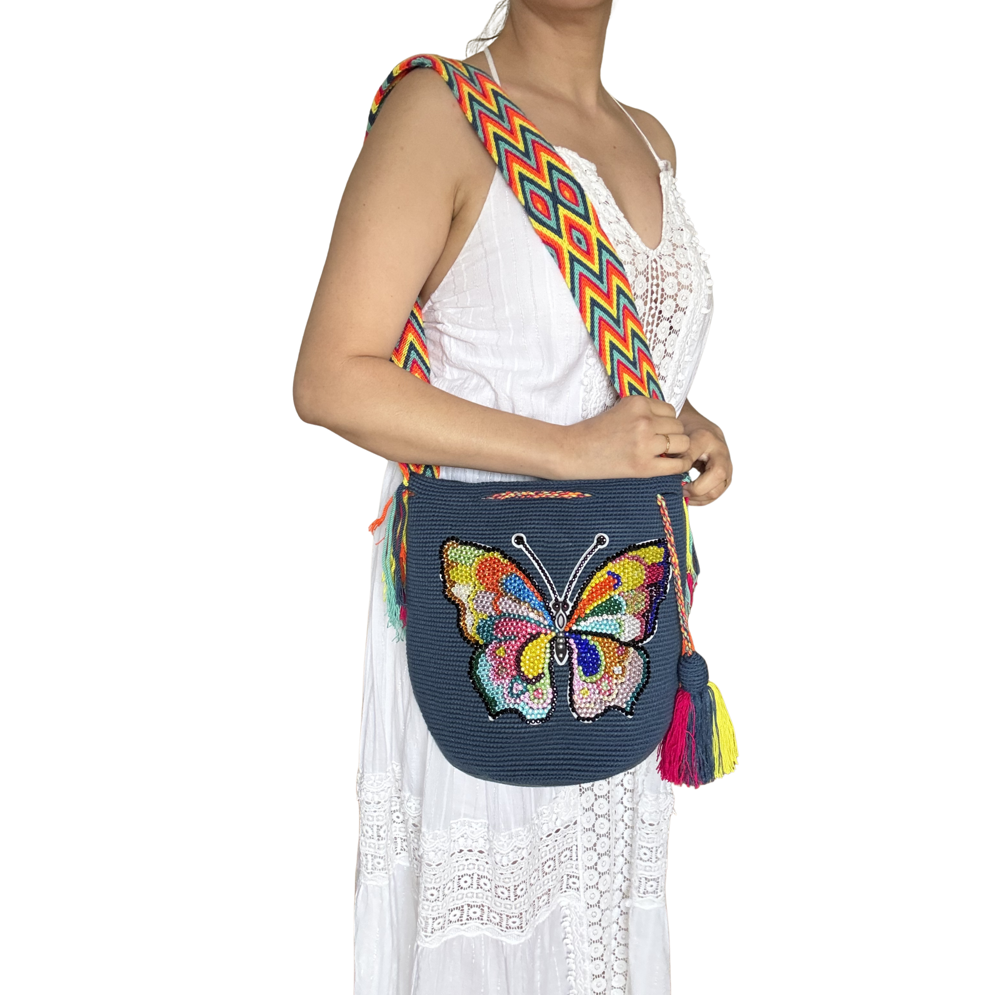 Handmade Beaded Butterfly Wayuu Crossbody Bag – Artisan Crochet Purse Collection with Crystal Embellished Butterfly Designs