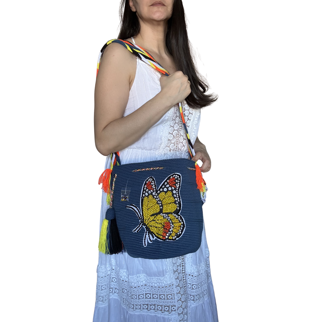 Handmade Beaded Butterfly Wayuu Crossbody Bag – Artisan Crochet Purse Collection with Crystal Embellished Butterfly Designs