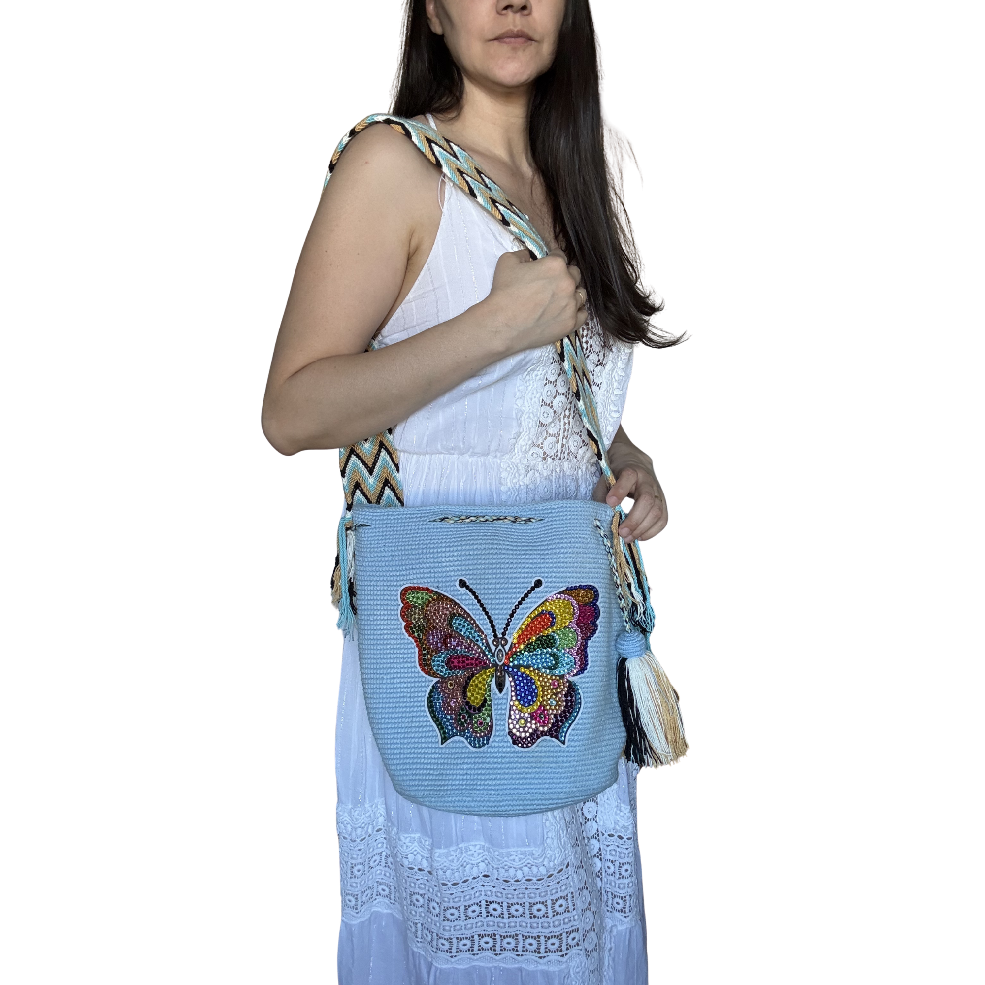 Handmade Beaded Butterfly Wayuu Crossbody Bag – Artisan Crochet Purse Collection with Crystal Embellished Butterfly Designs