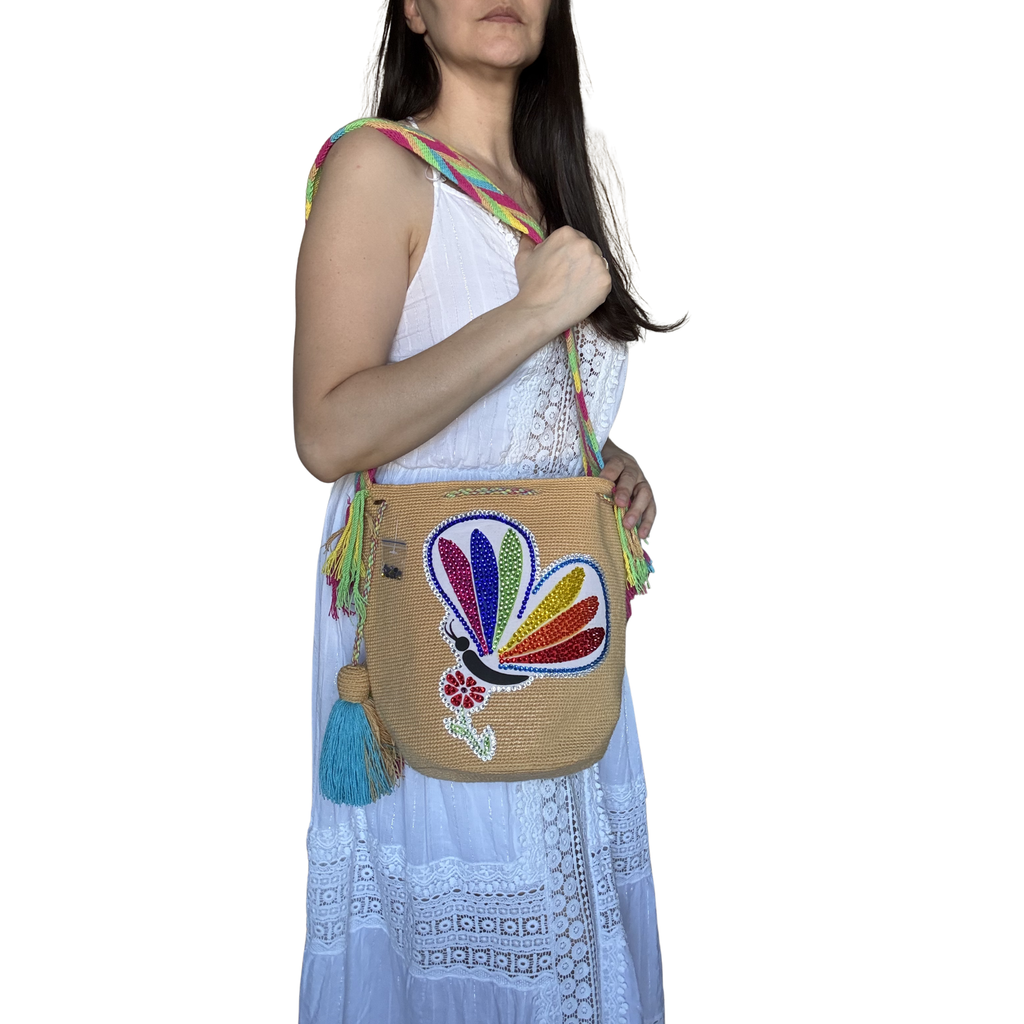 Handmade Beaded Butterfly Wayuu Crossbody Bag – Artisan Crochet Purse Collection with Crystal Embellished Butterfly Designs