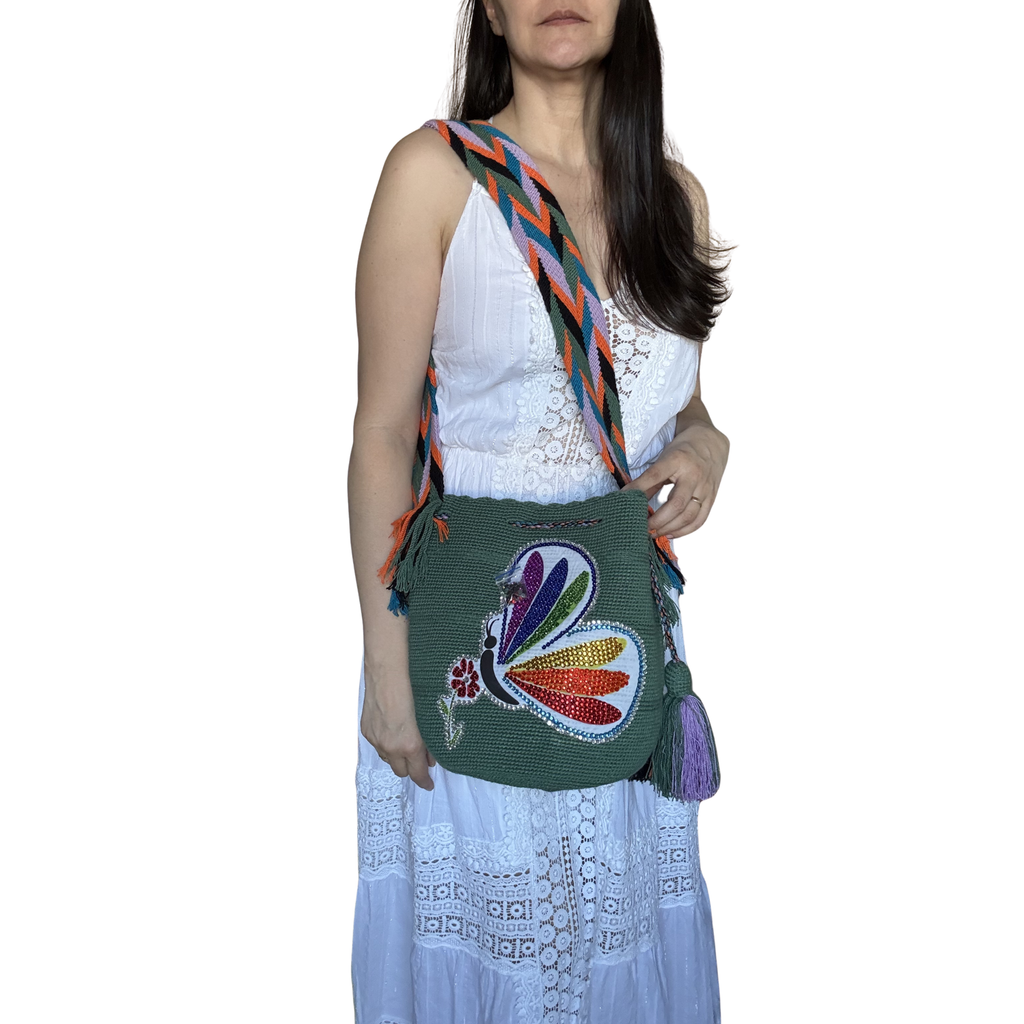 Handmade Beaded Butterfly Wayuu Crossbody Bag – Artisan Crochet Purse Collection with Crystal Embellished Butterfly Designs
