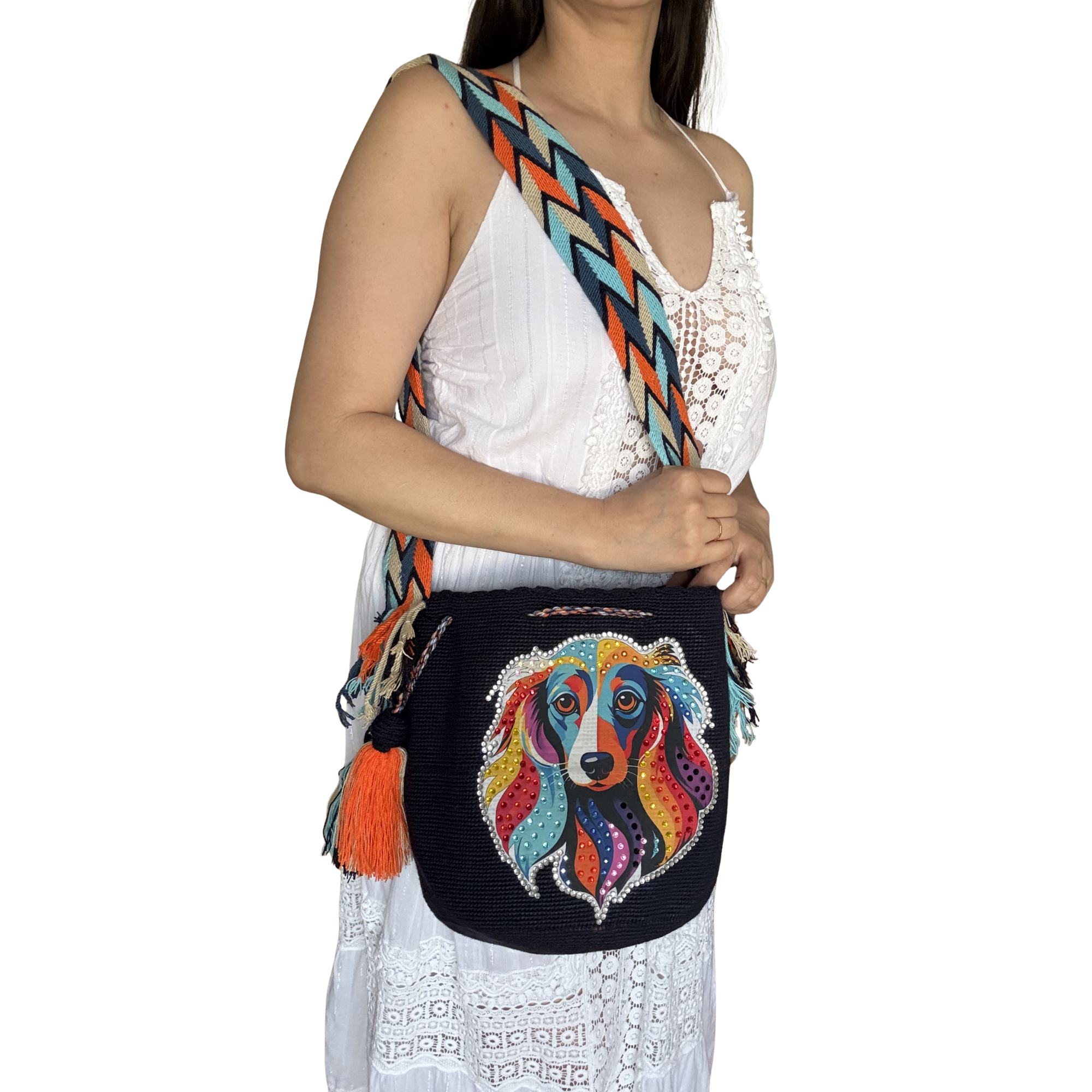 Handmade Wayuu Dog Collection Bag – Rhinestone Edition