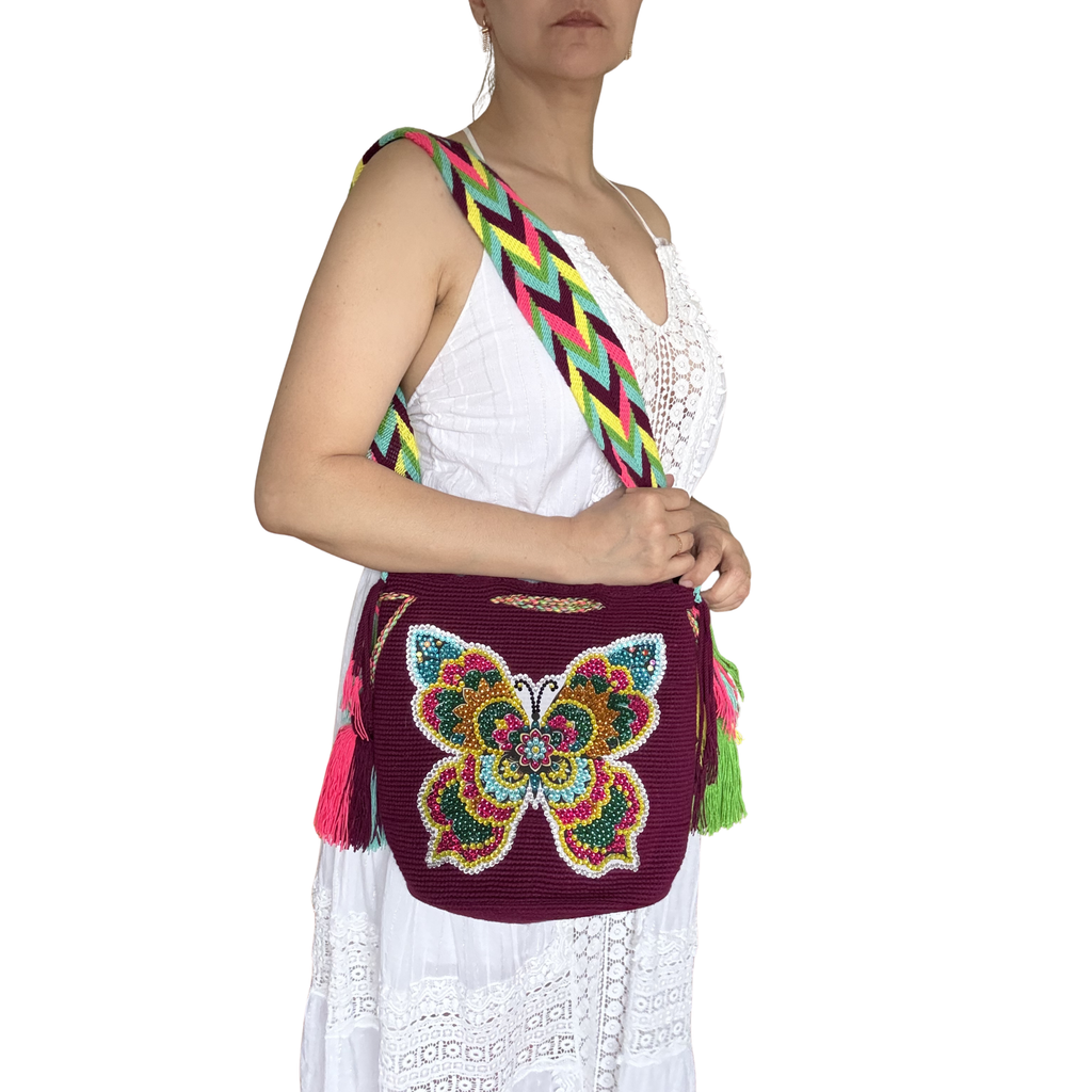 Handmade Beaded Butterfly Wayuu Crossbody Bag – Artisan Crochet Purse Collection with Crystal Embellished Butterfly Designs