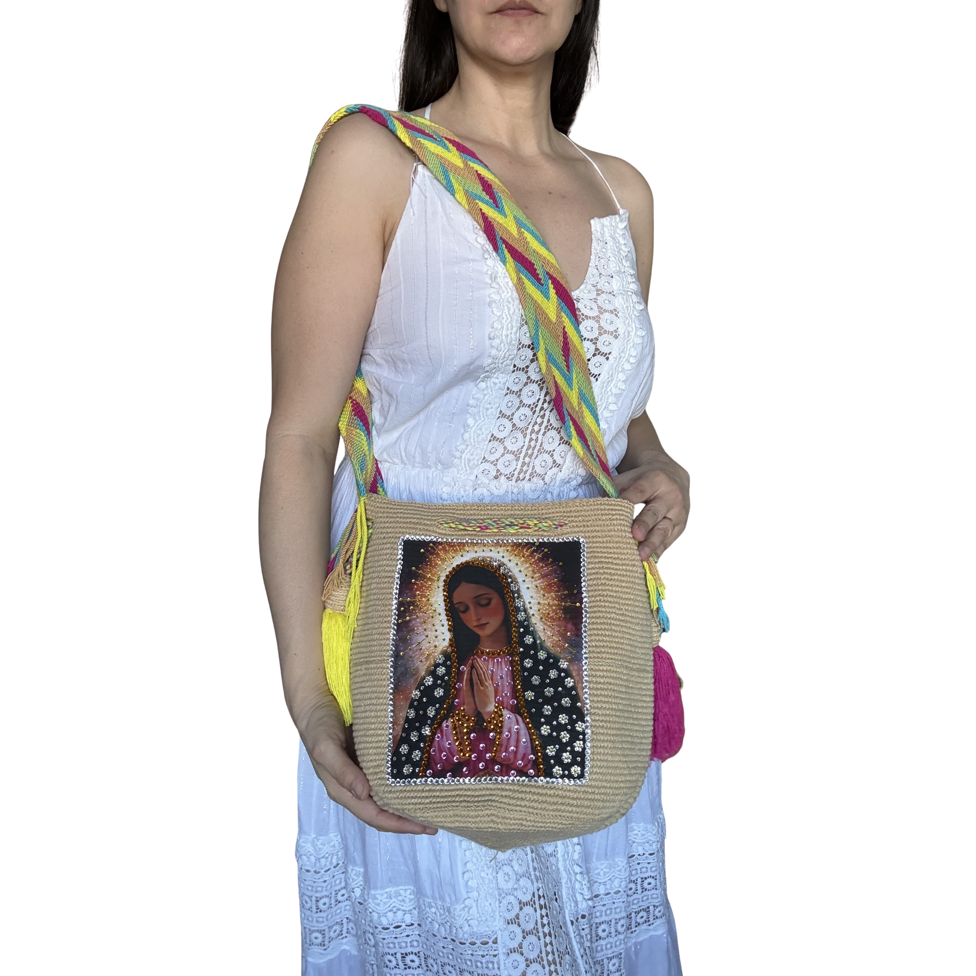 Handmade Crochet Virgin Mary Bag with Stonefix – Camel Brown Artisan Crossbody Mochila