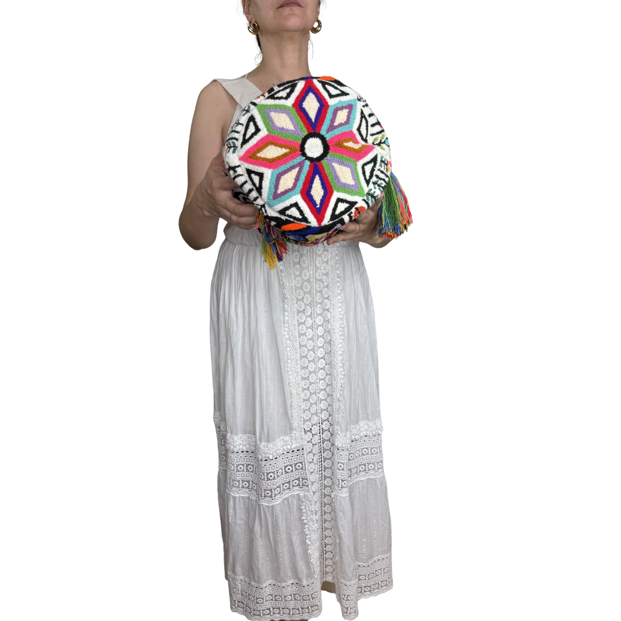 Whimsical Cat Handmade Wayuu Mochila Bag – Artisan Crossbody with Colorful Embroidered Design