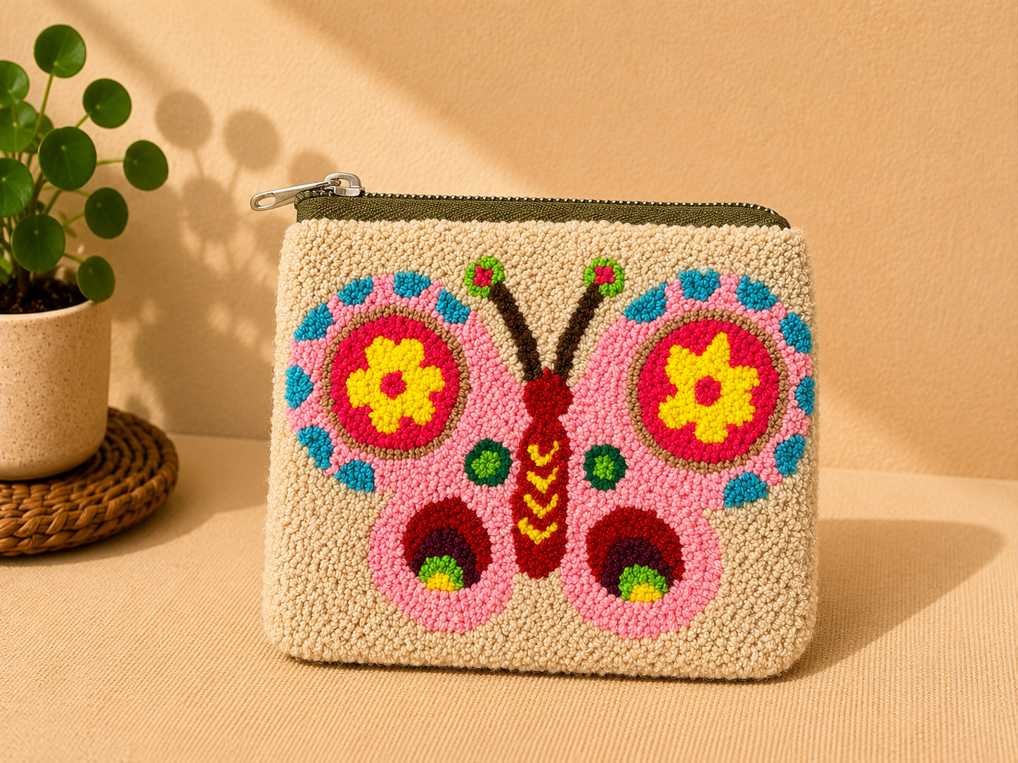 Handmade Butterfly Embroidered Zip Pouch | Botanical Stories Collection | Artisan Cosmetic & Accessory Bag