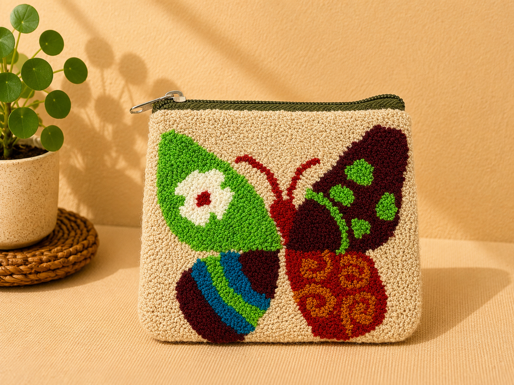 Handmade Butterfly Embroidered Zip Pouch | Botanical Stories Collection | Artisan Cosmetic & Accessory Bag