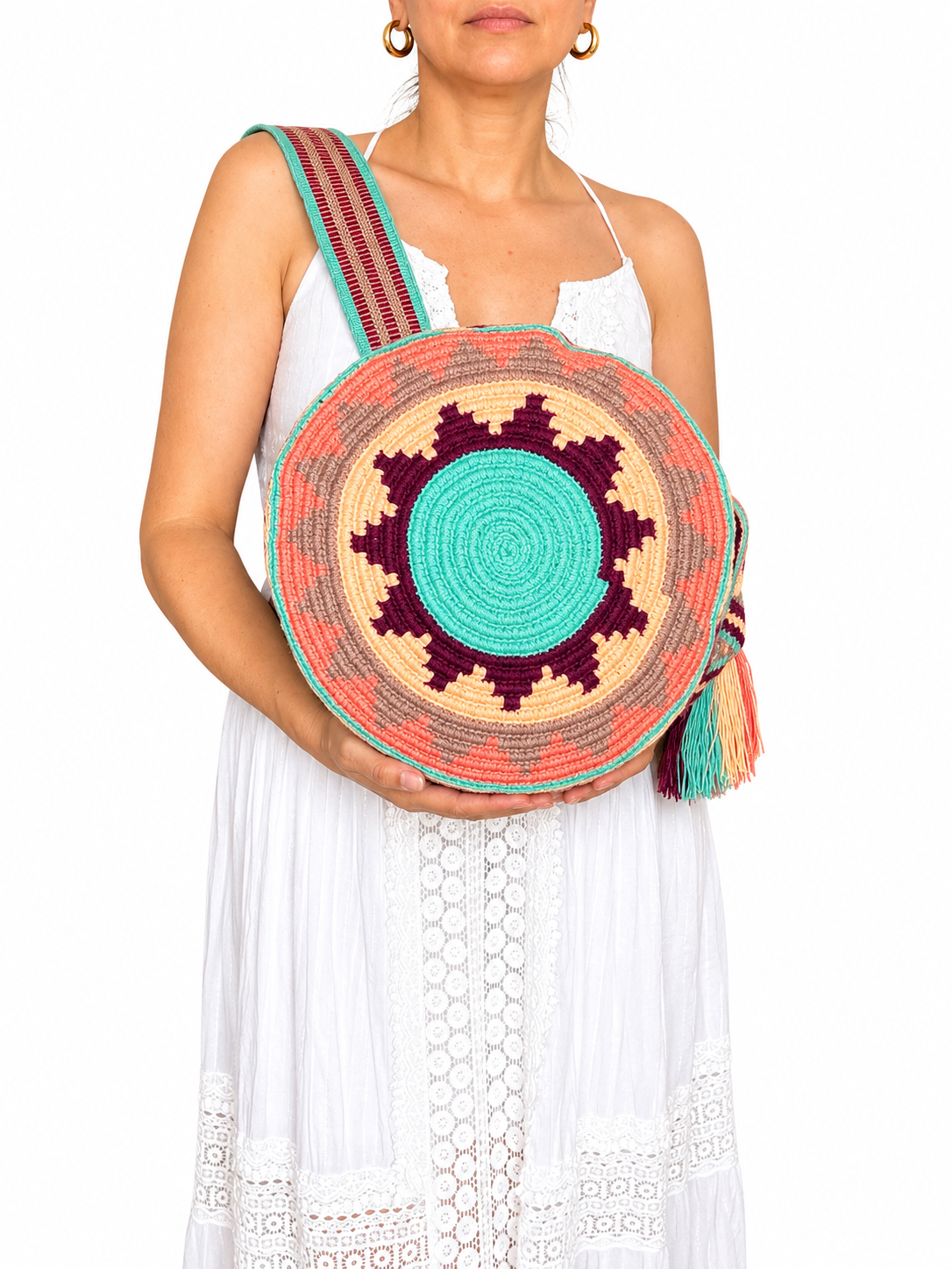 Handmade Wayuu Crossbody Bag – Geometric Crochet Bucket Bag, Colombian Artisan Shoulder Purse