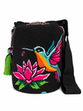 Hummingbird & Lotus Wayuu Mochila – Handmade Colombian Artisan Bucket Bag