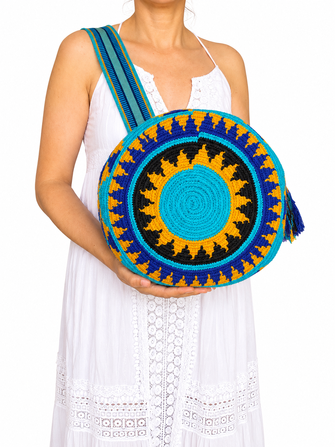Handmade Wayuu Crossbody Bag – Geometric Crochet Bucket Bag, Colombian Artisan Shoulder Purse