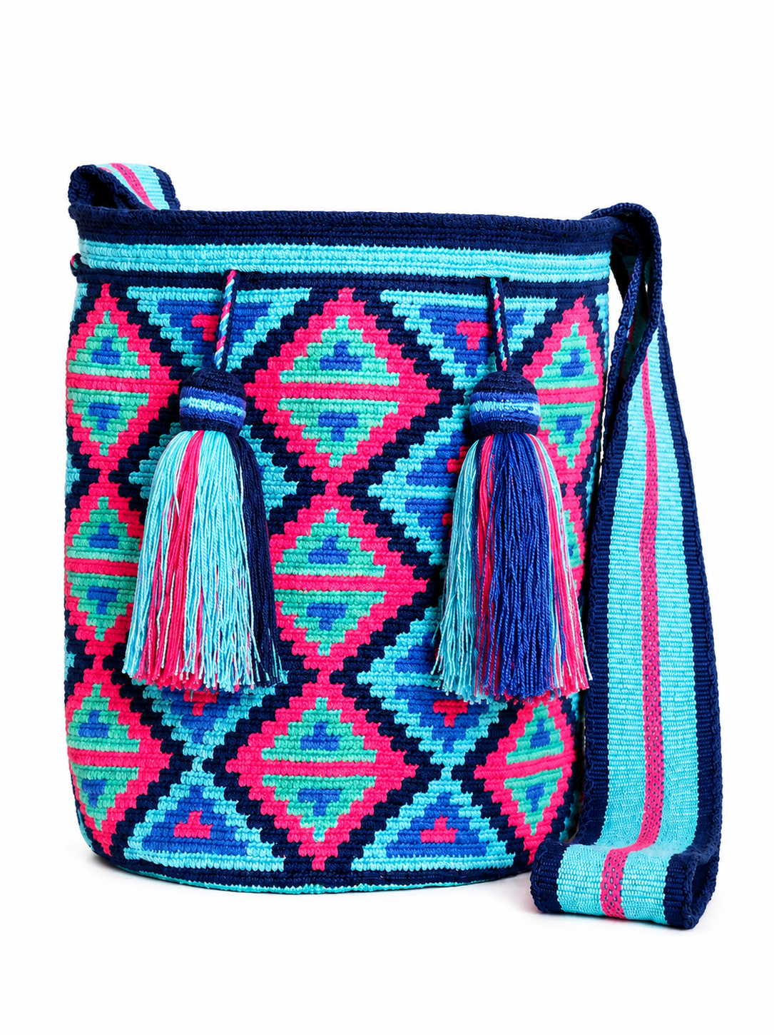 Handmade Wayuu Crossbody Bag – Geometric Crochet Bucket Bag, Colombian Artisan Shoulder Purse