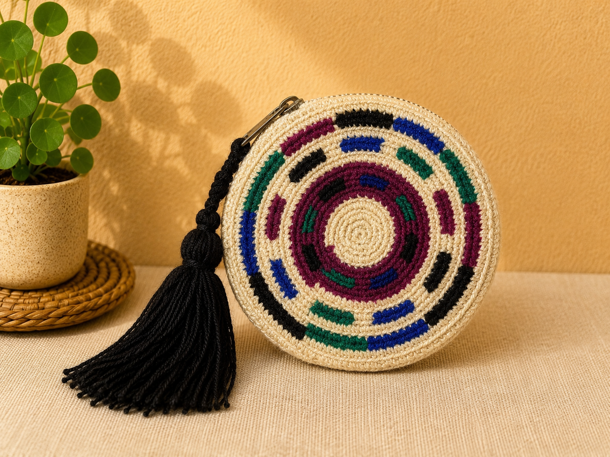 Handmade Wayuu Round Coin Purse – Desert Sunrise Geometric Crochet Pouch | Colombian Artisan Wallet