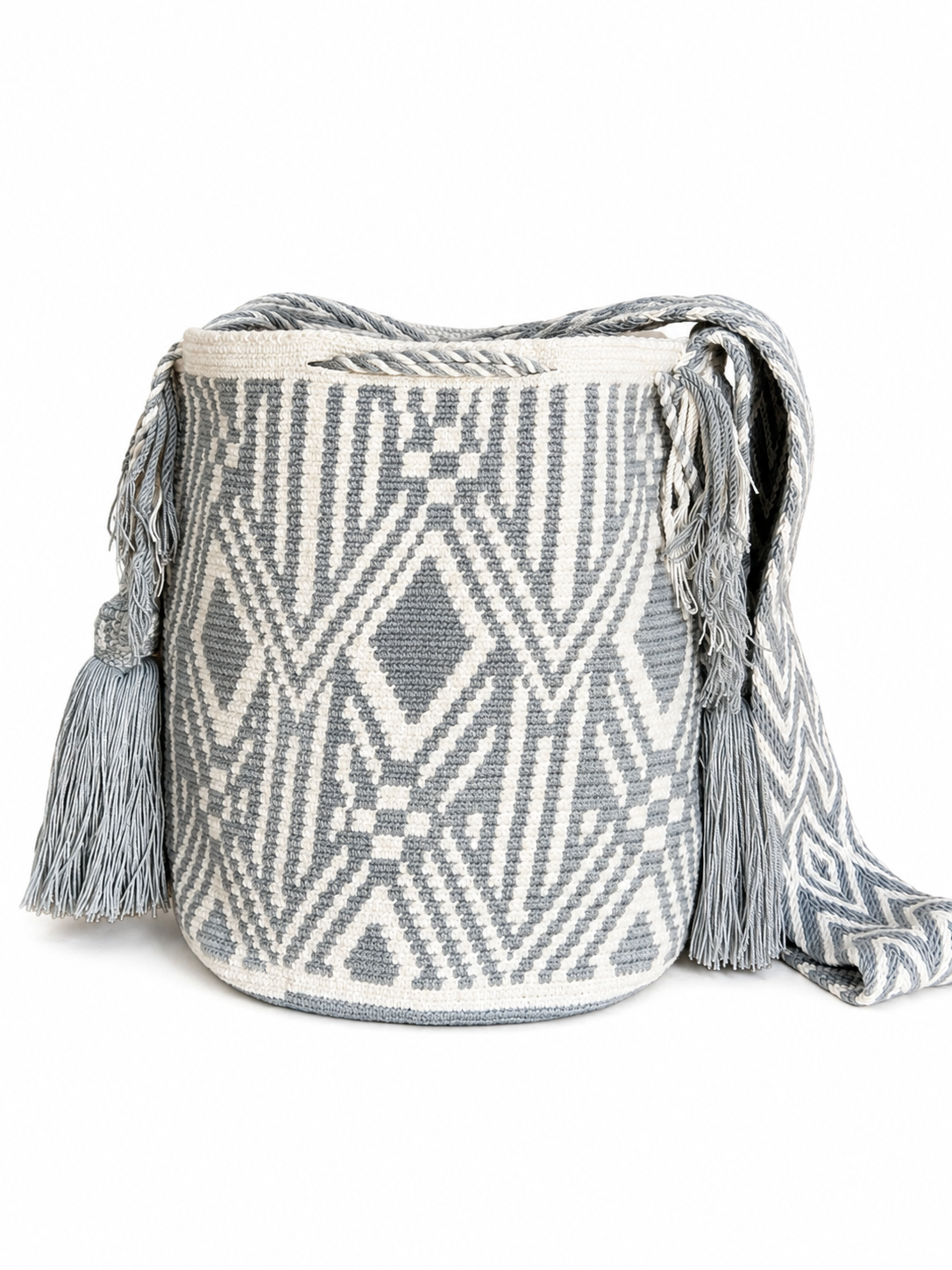 Handmade Wayuu Crossbody Bag – Black & Neutral Geometric Patterns, Artisan Crochet Bucket Bag