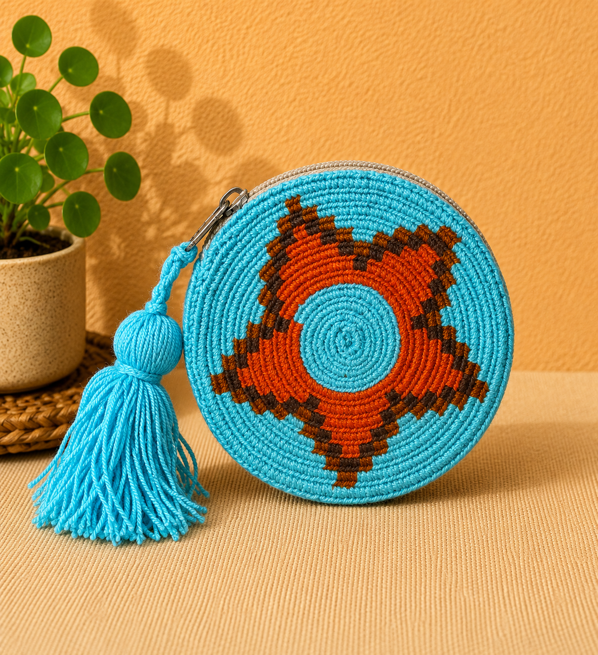 Handmade Wayuu Round Coin Purse – Desert Sunrise Geometric Crochet Pouch | Colombian Artisan Wallet