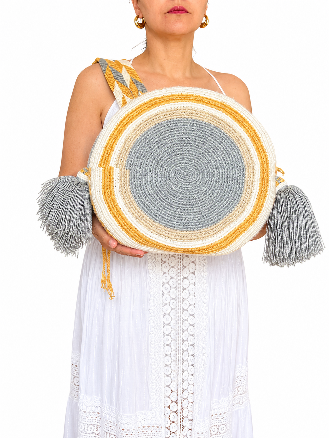 Handmade Wayuu Crossbody Bag – Black & Neutral Geometric Patterns, Artisan Crochet Bucket Bag