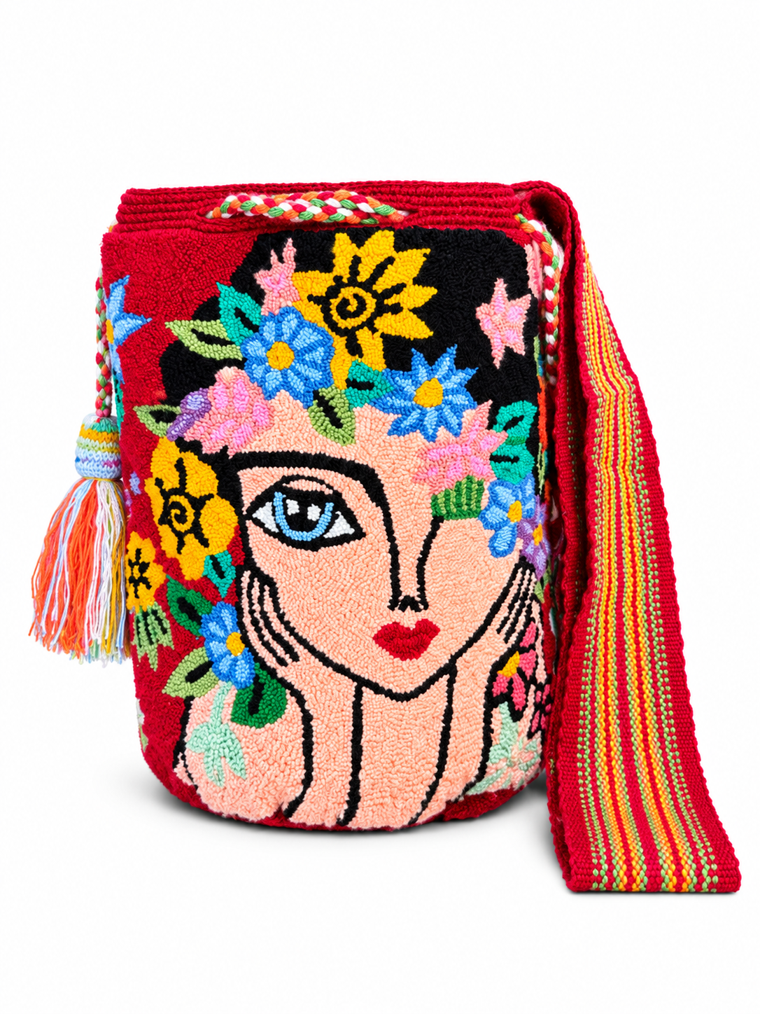 Frida-Inspired Floral Wayuu Mochila – Handmade Colombian Artisan Bucket Bag