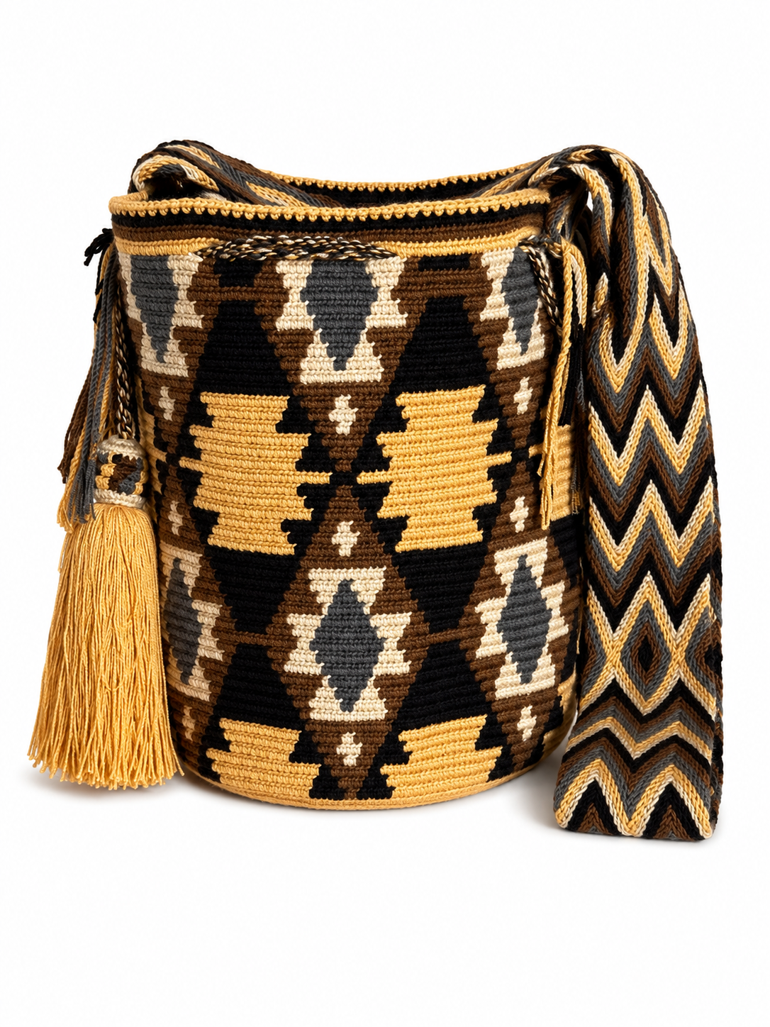 Handmade Wayuu Crossbody Bag – Black & Neutral Geometric Patterns, Artisan Crochet Bucket Bag
