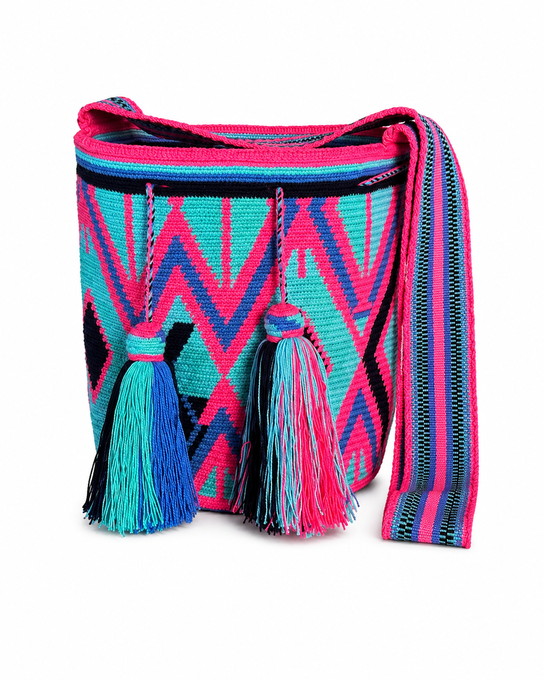 Handmade Wayuu Crossbody Bag – Geometric Crochet Bucket Bag, Colombian Artisan Shoulder Purse