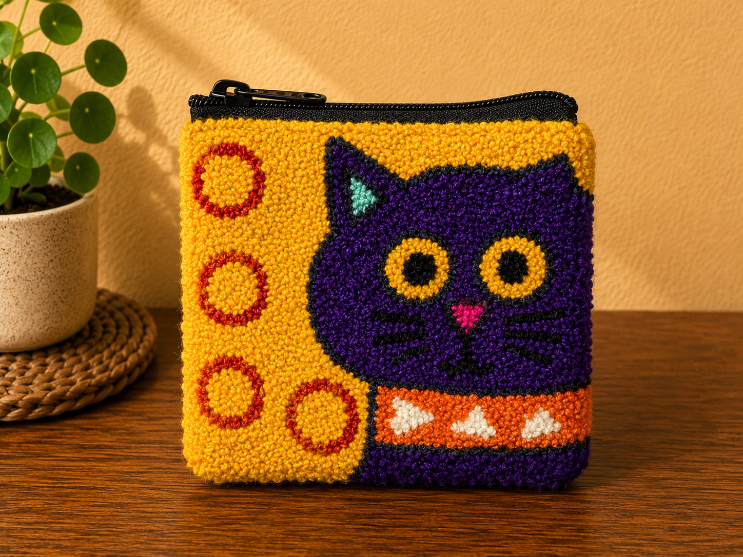 Handmade Wayuu Coin Purse – Colorful Artisan Mini Zipper Pouch with Whimsical Cats Design
