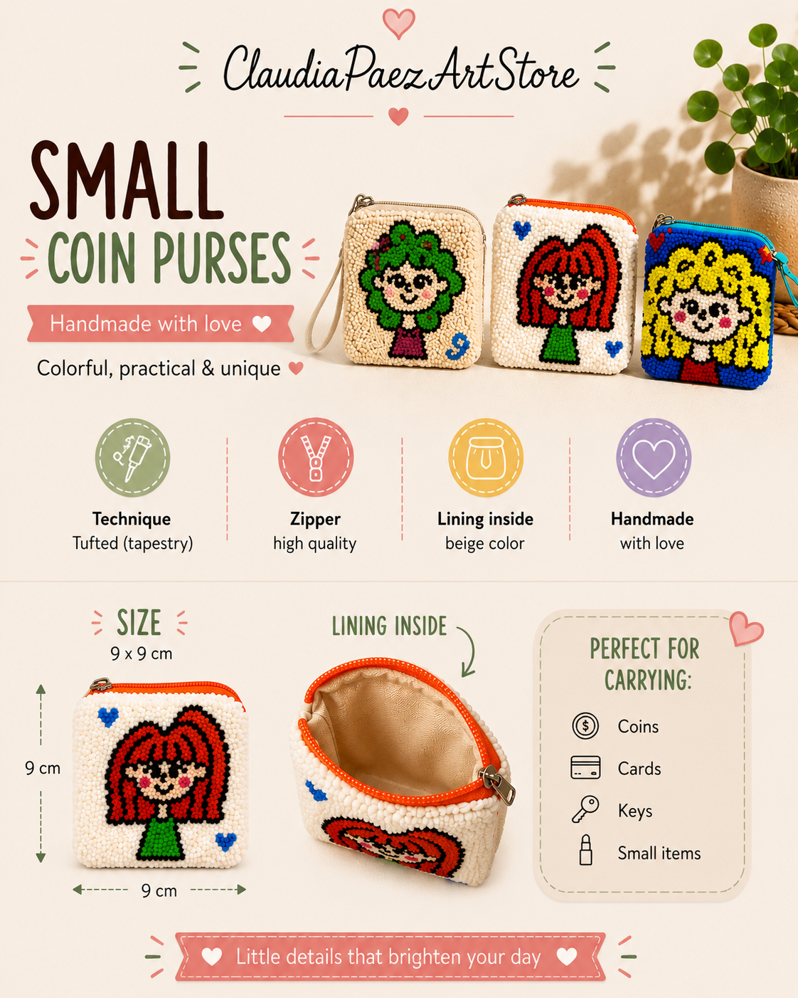 Handmade Wayuu Coin Purse SMALL– Colorful Artisan Mini Zipper Pouch with Whimsical Cats Design (Copy)