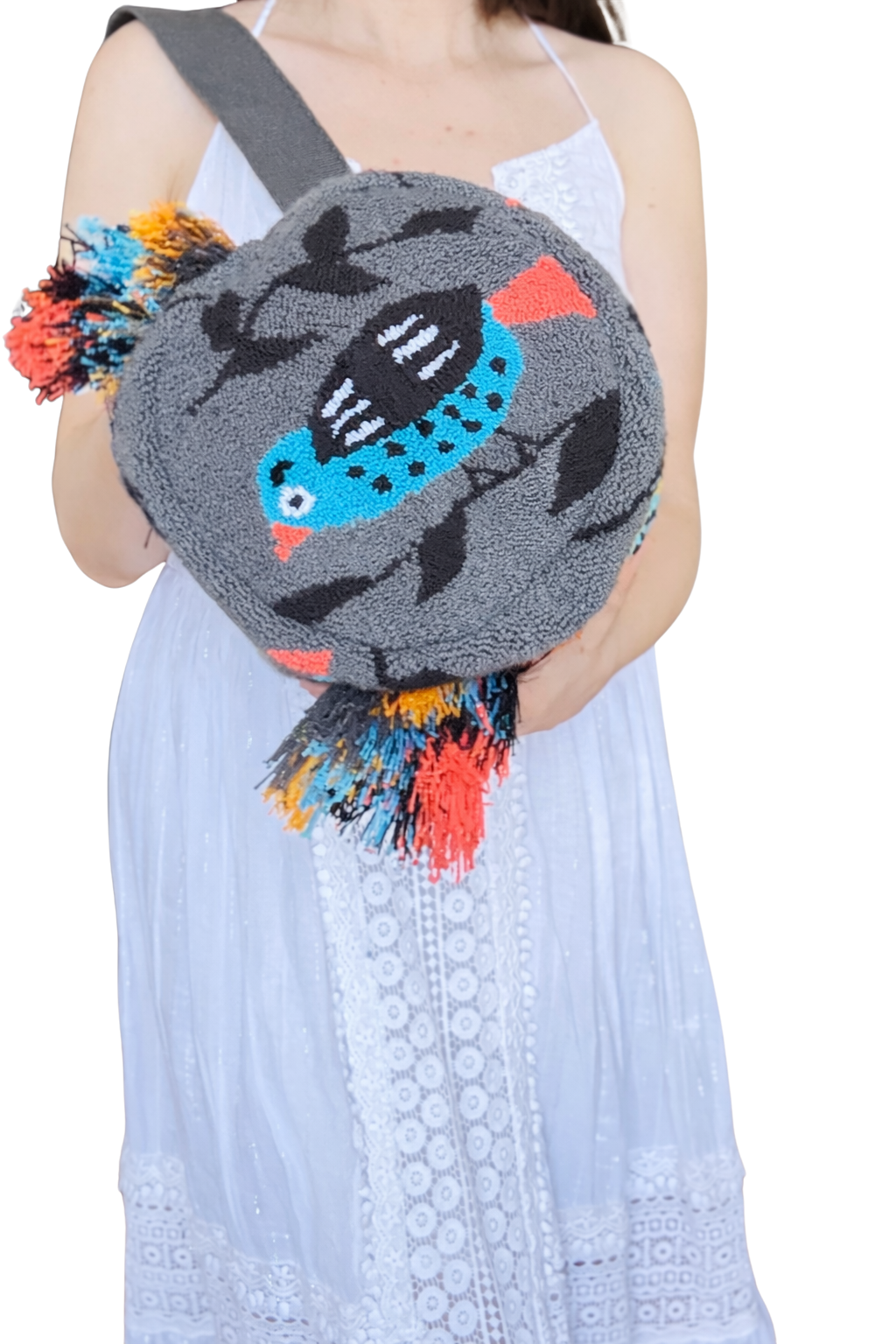 Handmade Wayuu Bird Bag – Gray Mochila Crossbody, Colorful Artisan Woven Statement Bag