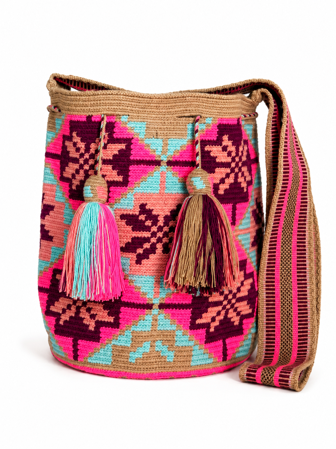 Handmade Wayuu Crossbody Bag – Geometric Crochet Bucket Bag, Colombian Artisan Shoulder Purse