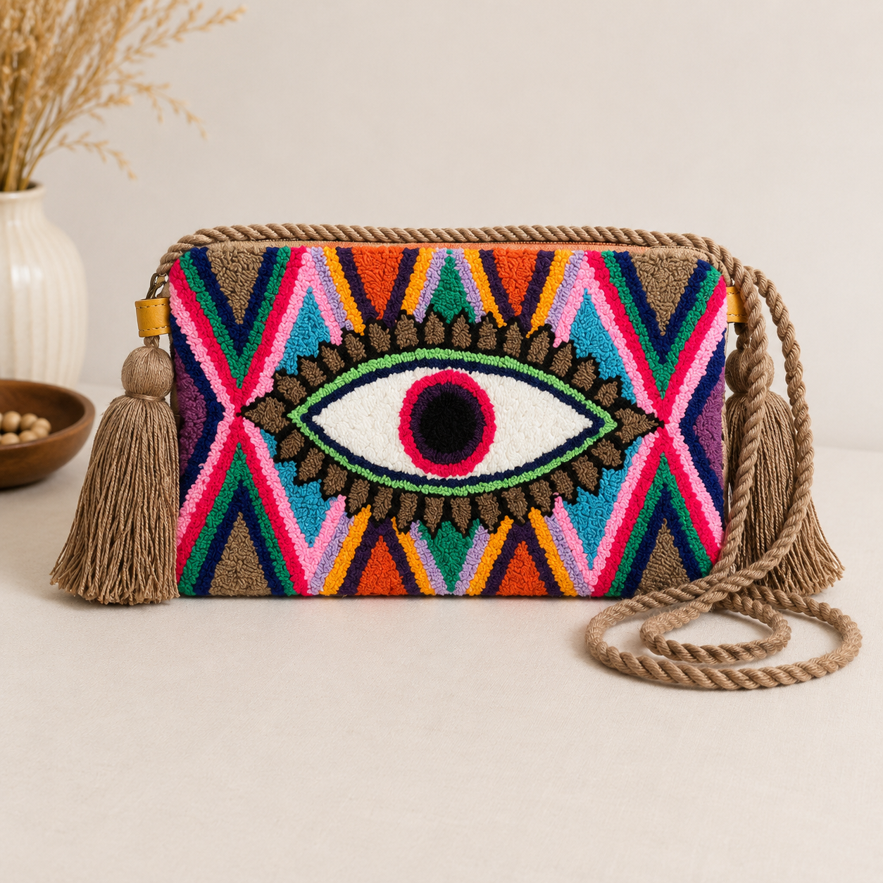 Handmade Turkish Eye Punch Needle Crossbody Bag – Evil Eye Artisan Clutch Purse