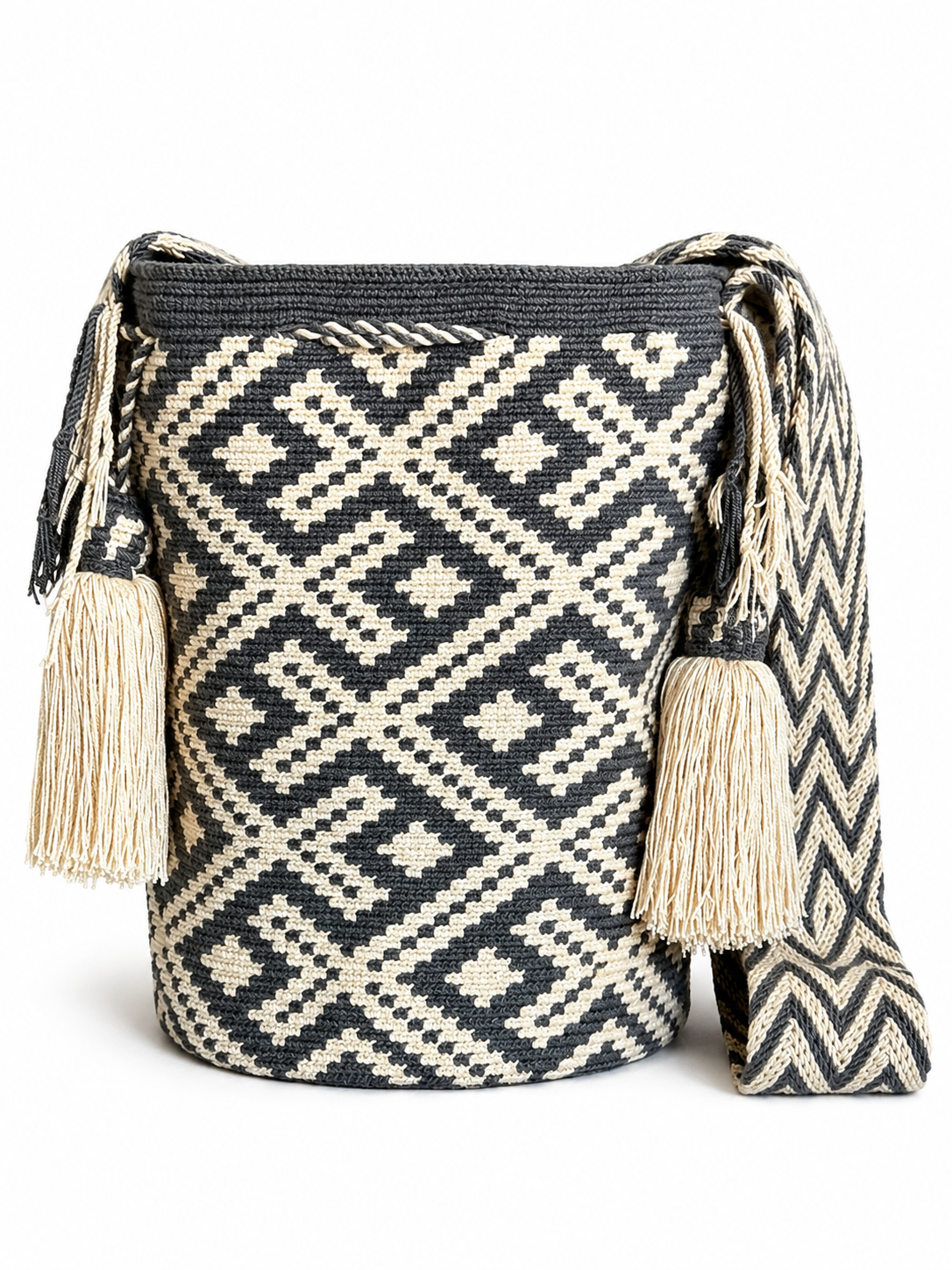 Handmade Wayuu Crossbody Bag – Black & Neutral Geometric Patterns, Artisan Crochet Bucket Bag