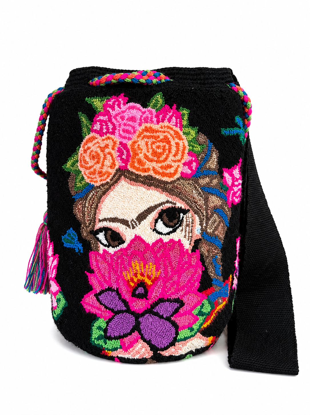 Original Bloom Wayuu Mochila – Handcrafted Floral Portrait Bucket Bag