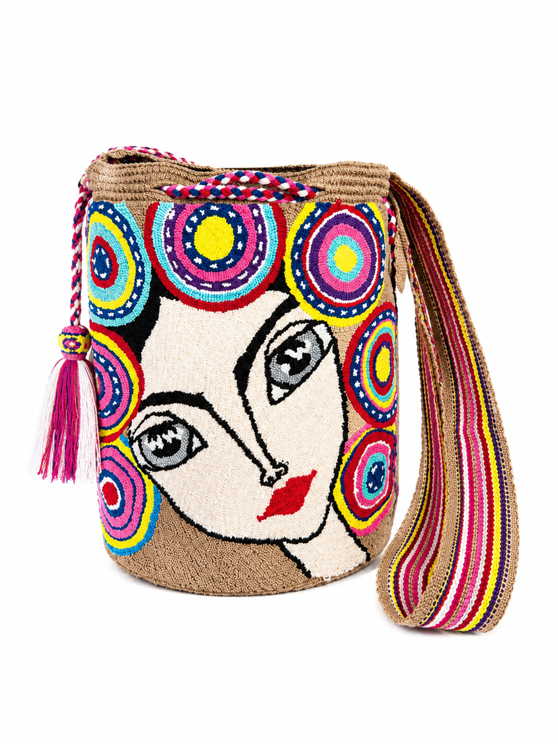 Modern Portrait Wayuu Mochila – Handmade Colombian Artisan Bucket Bag