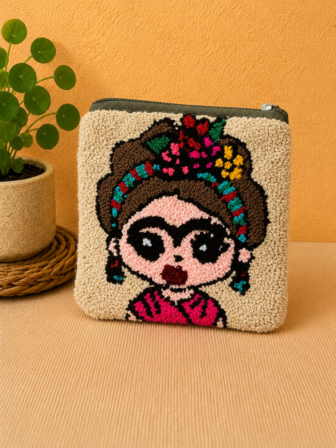 Handmade “Playful Portraits” Punch Needle Coin Purse – Artisan Character Zipper Pouch, Colorful Tufted Cosmetic Bag