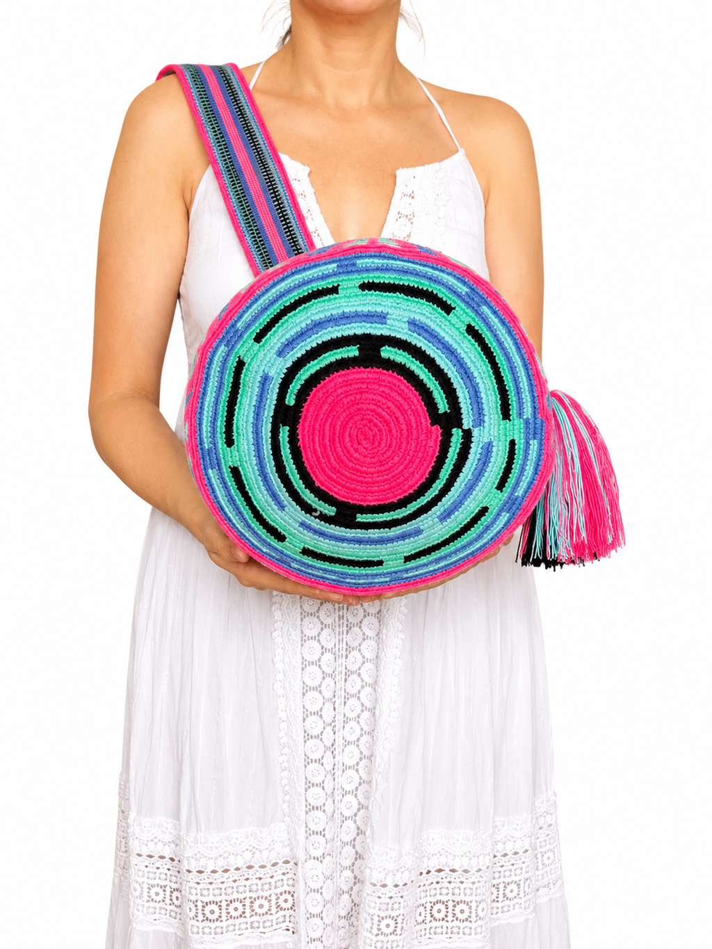 Handmade Wayuu Crossbody Bag – Geometric Crochet Bucket Bag, Colombian Artisan Shoulder Purse