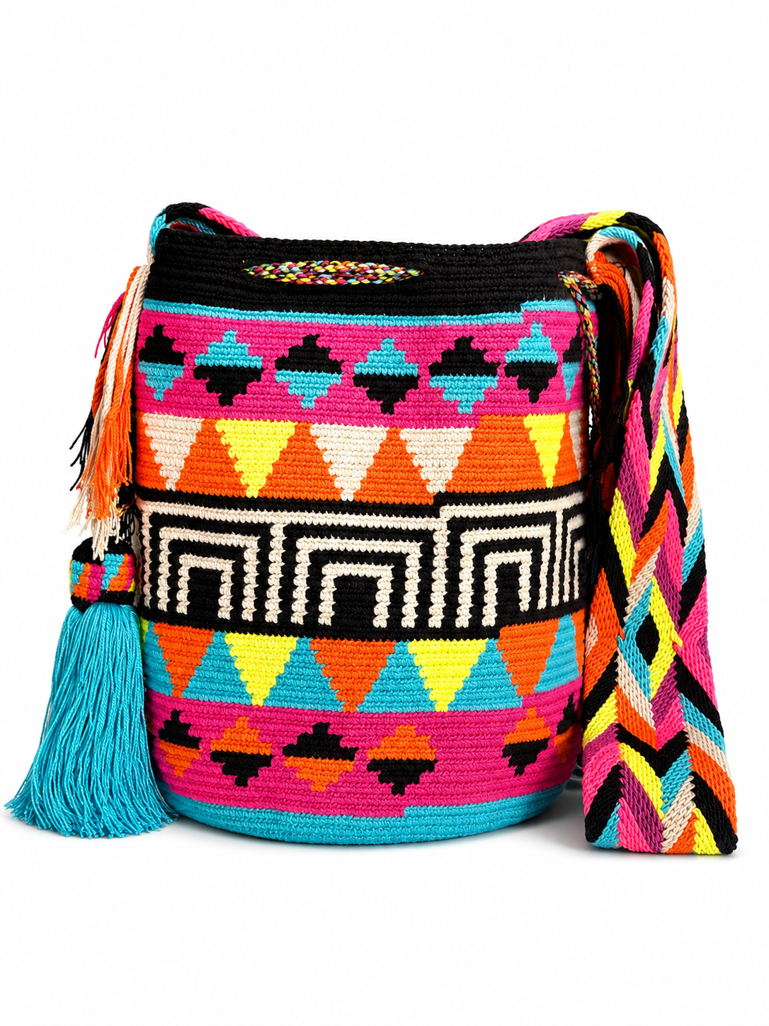 Handmade Wayuu Crossbody Bag – Geometric Crochet Bucket Bag, Colombian Artisan Shoulder Purse
