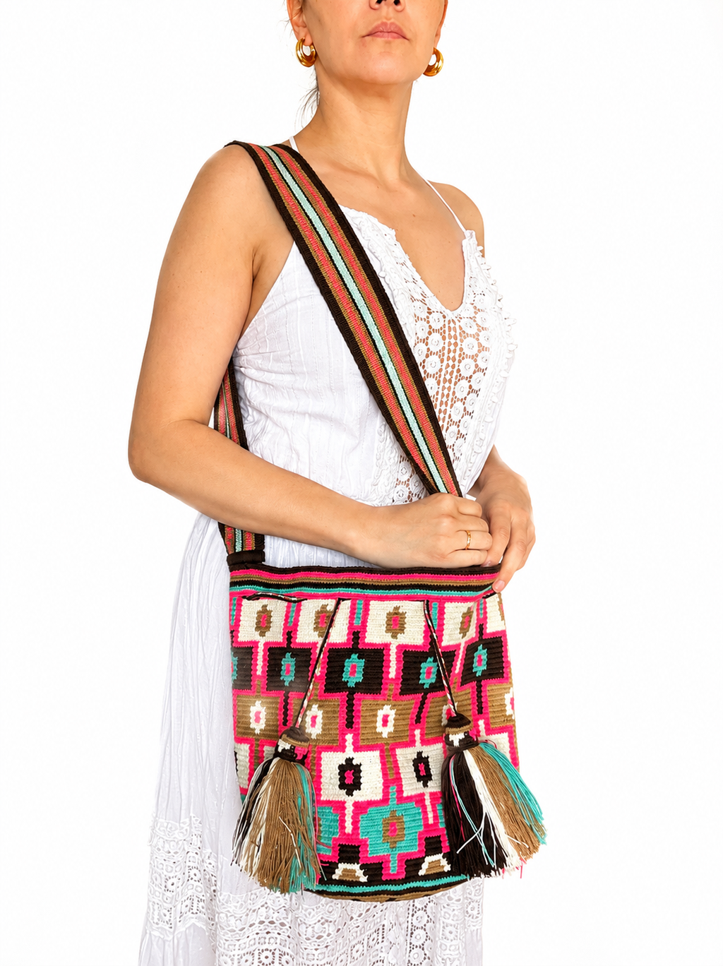 Handmade Wayuu Crossbody Bag – Geometric Crochet Bucket Bag, Colombian Artisan Shoulder Purse